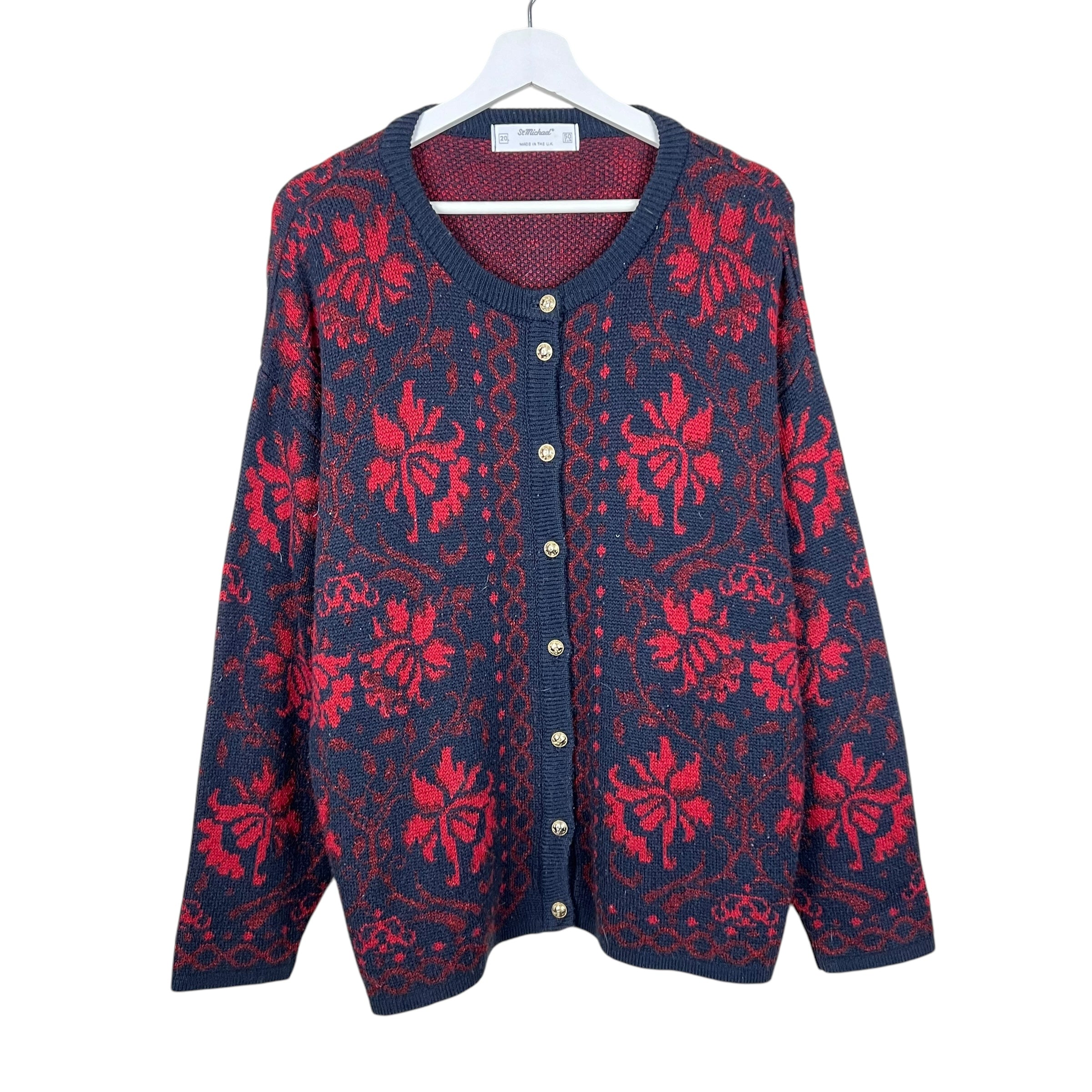 Vintage St. Michael Women’s Leaf Pattern Cardigan Navy/Red