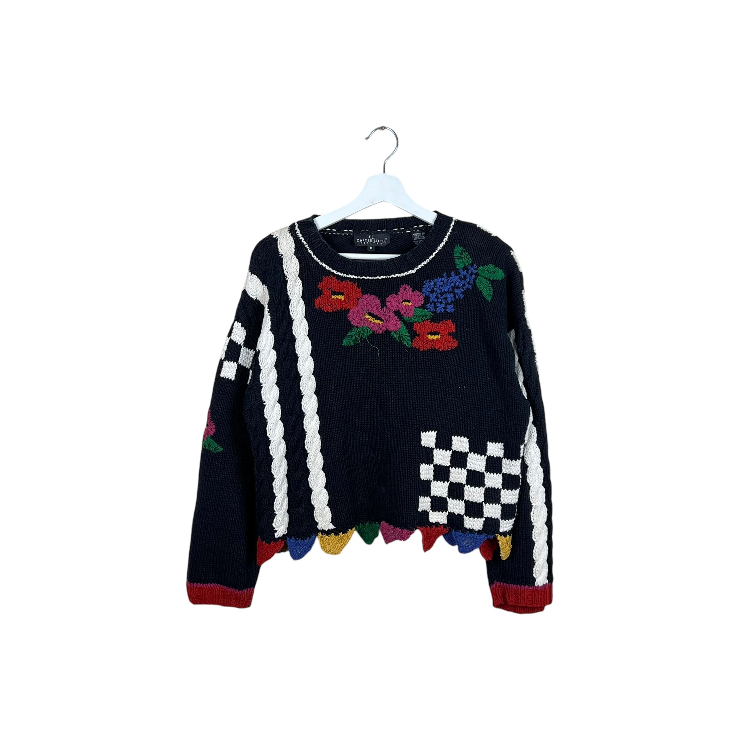 Vintage Carole Little Petites Embroidered Flowers Knit Black
