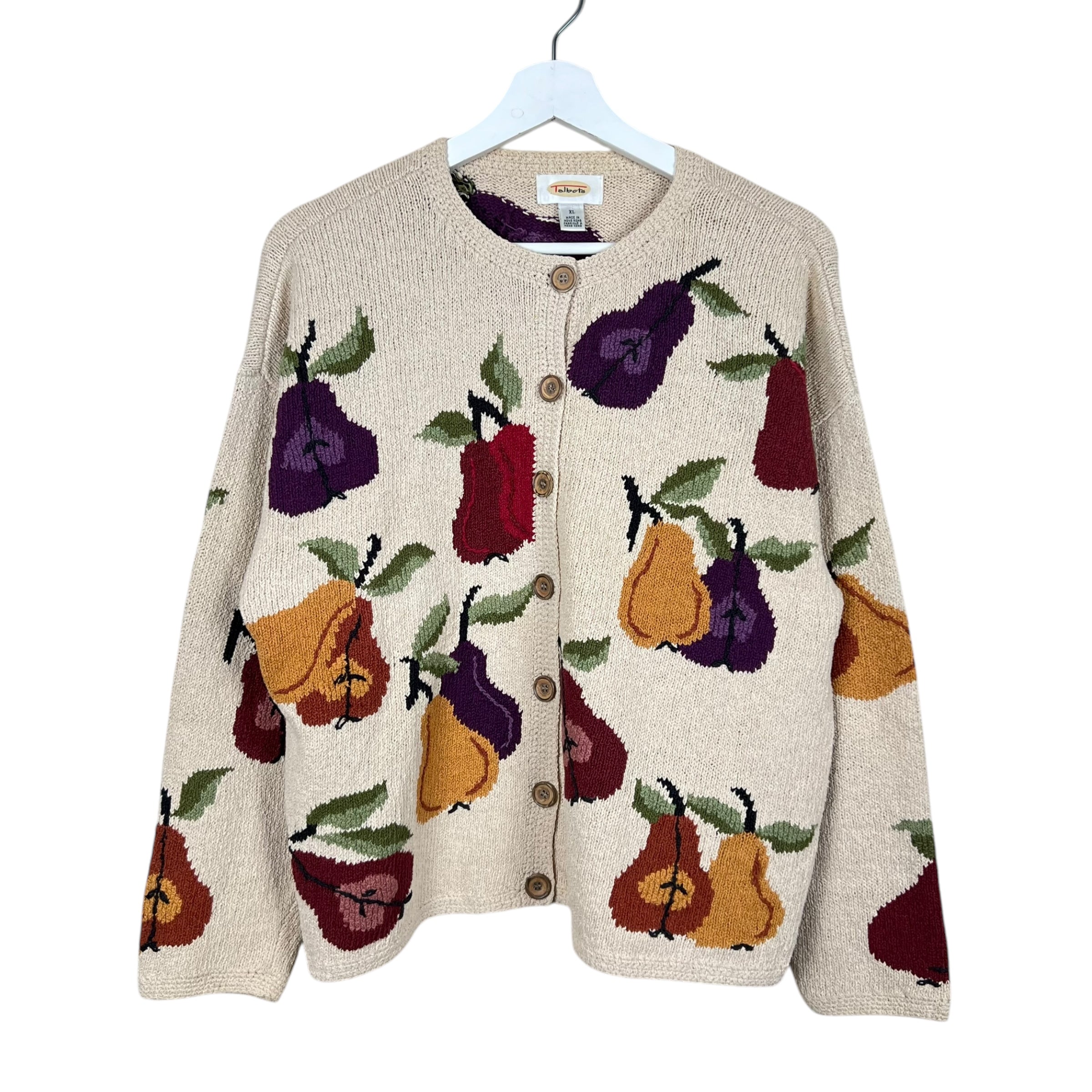 Vintage Talbots Women’s Handknit Fruits Pattern Cardigan Cream
