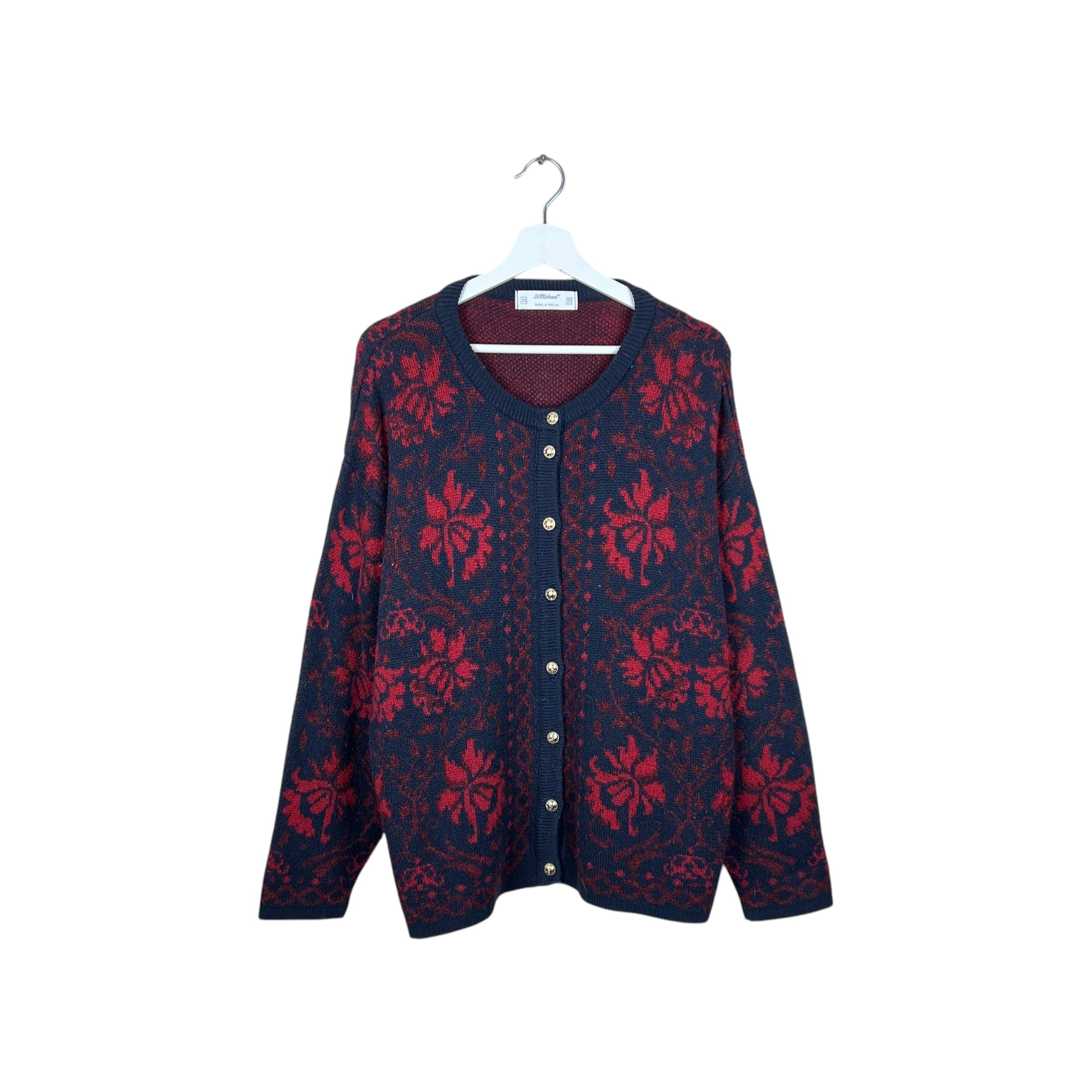 Vintage St. Michael Women’s Leaf Pattern Cardigan Navy/Red
