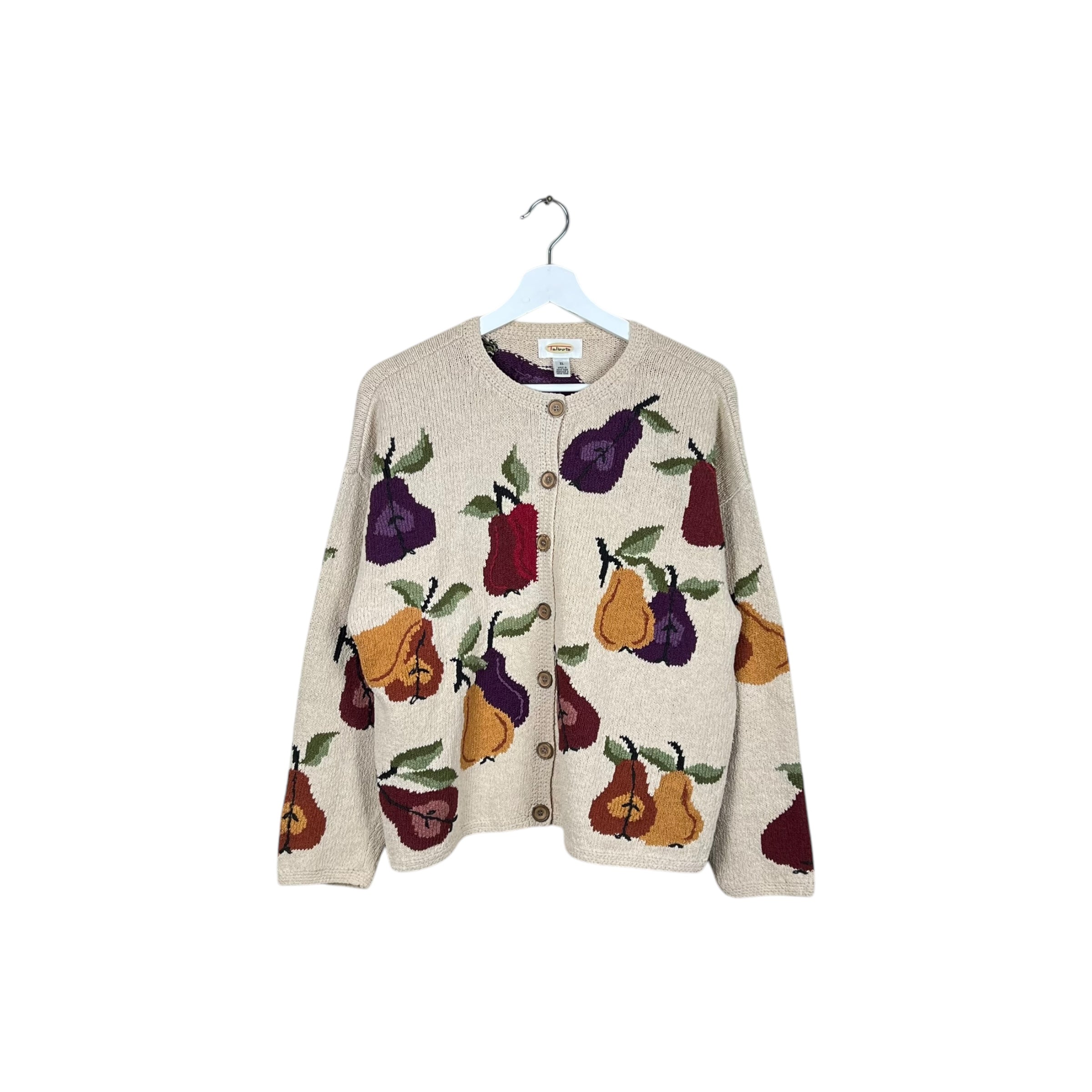 Vintage Talbots Women’s Handknit Fruits Pattern Cardigan Cream