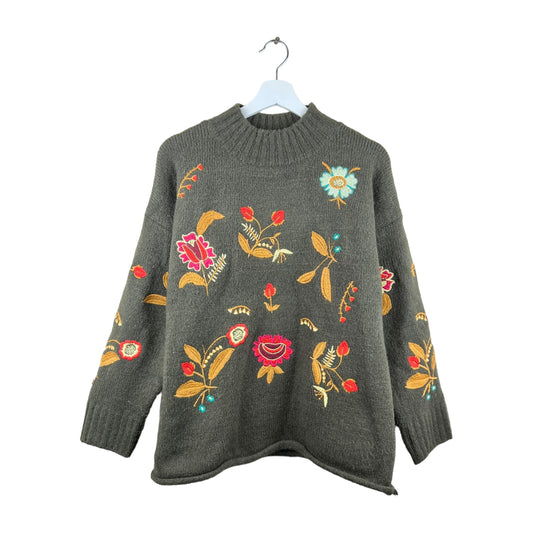 Vintage Assorted Flower Embroidery Knit Olive