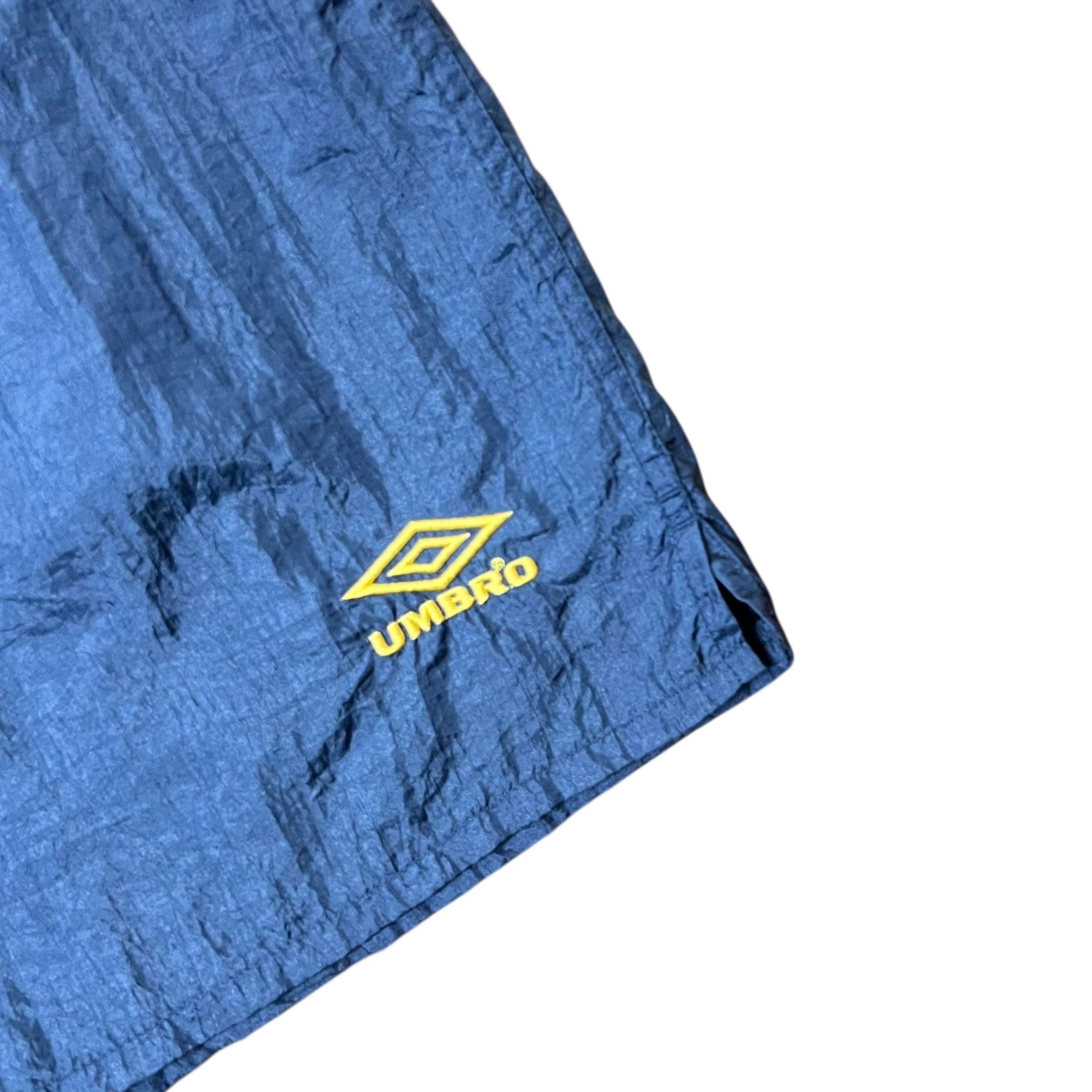 Vintage Umbro Spellout Nylon Shorts Blue/Gold
