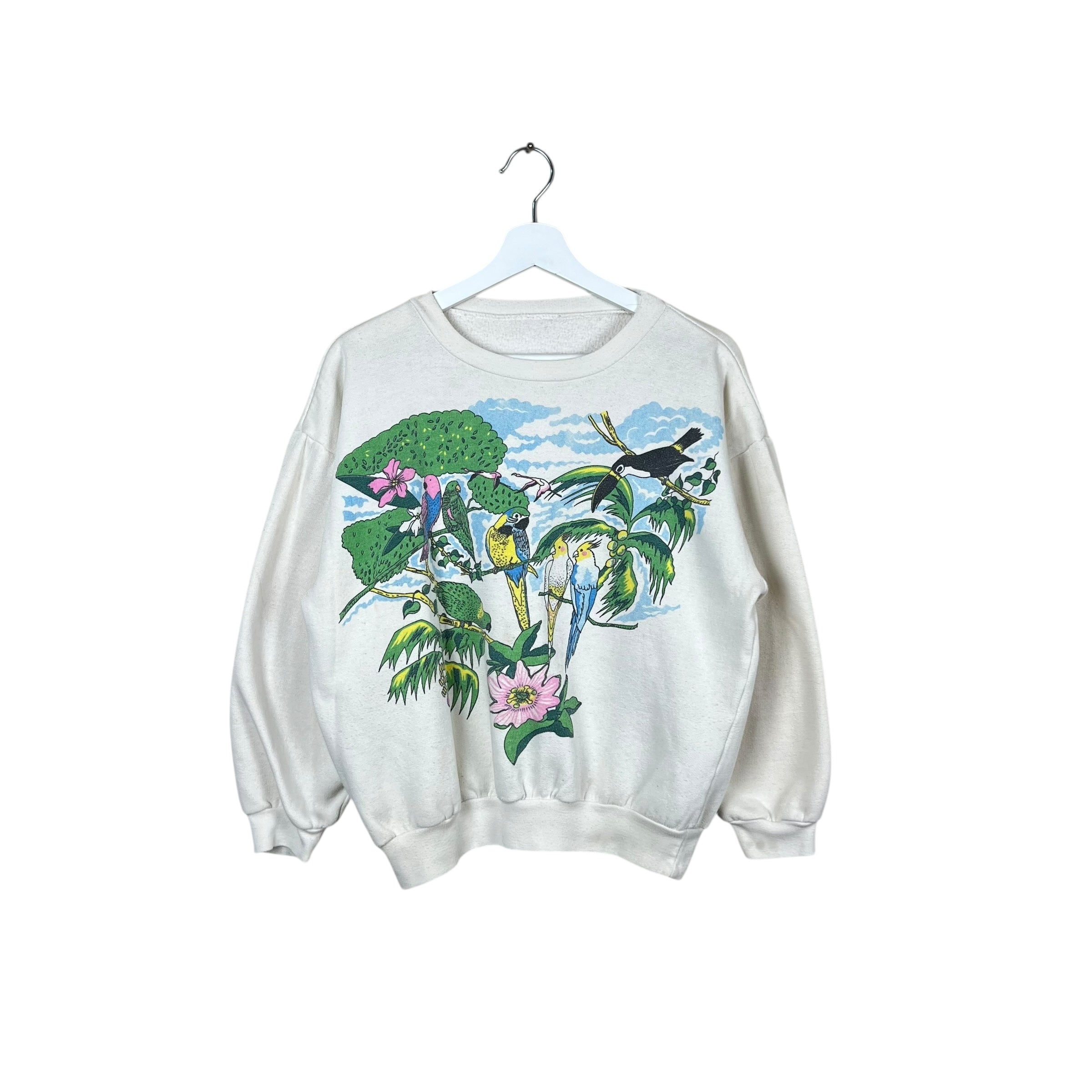 Vintage Tropical Forest Animals Crewneck Soft White