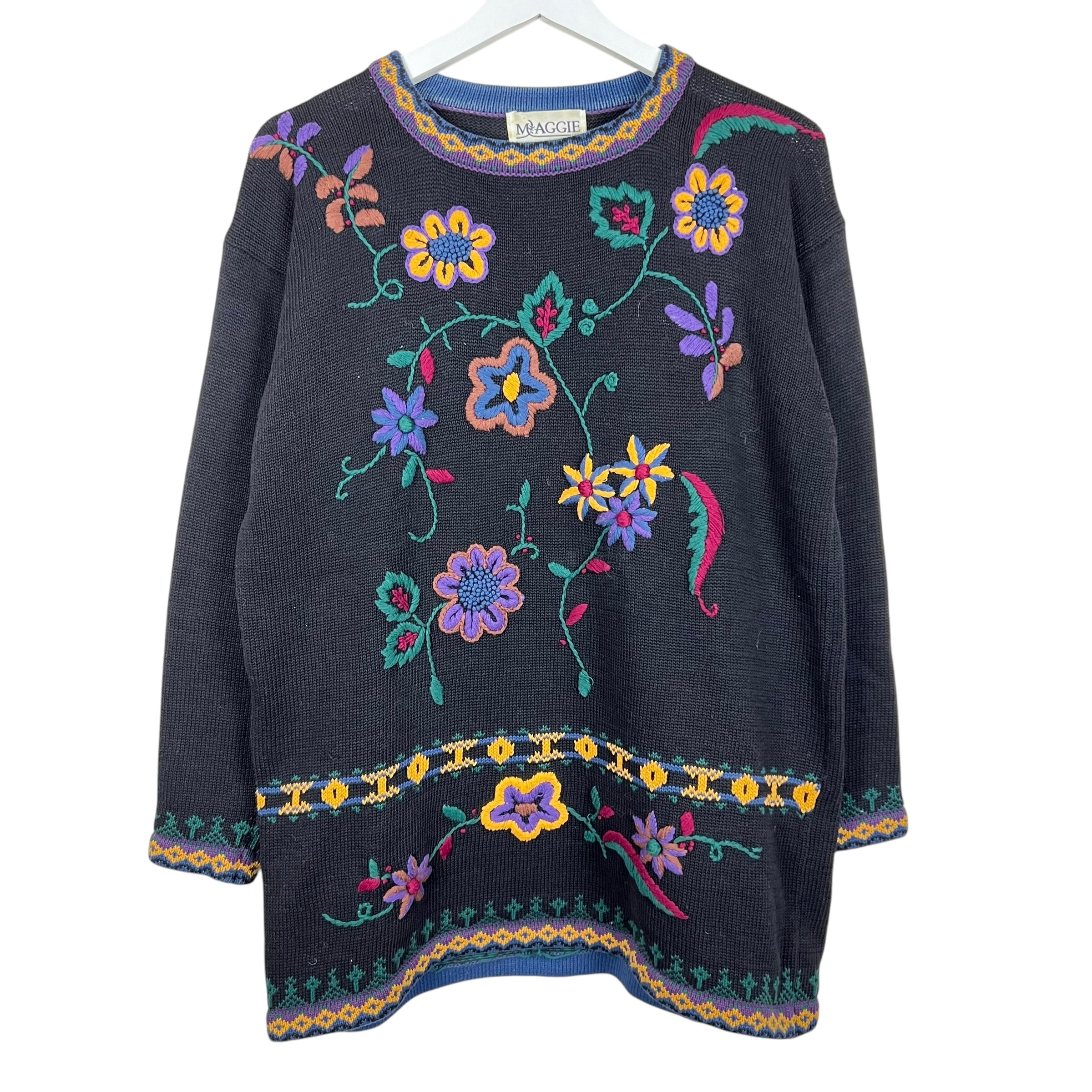 Vintage Maggie Women’s Embroidered Flower Knit Black