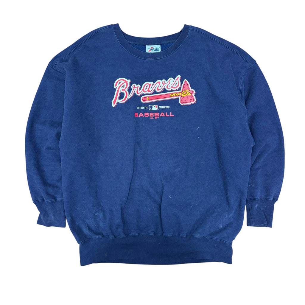 Vintage Majestic MLB Atlanta Braves Baseball Logo Crewneck Navy