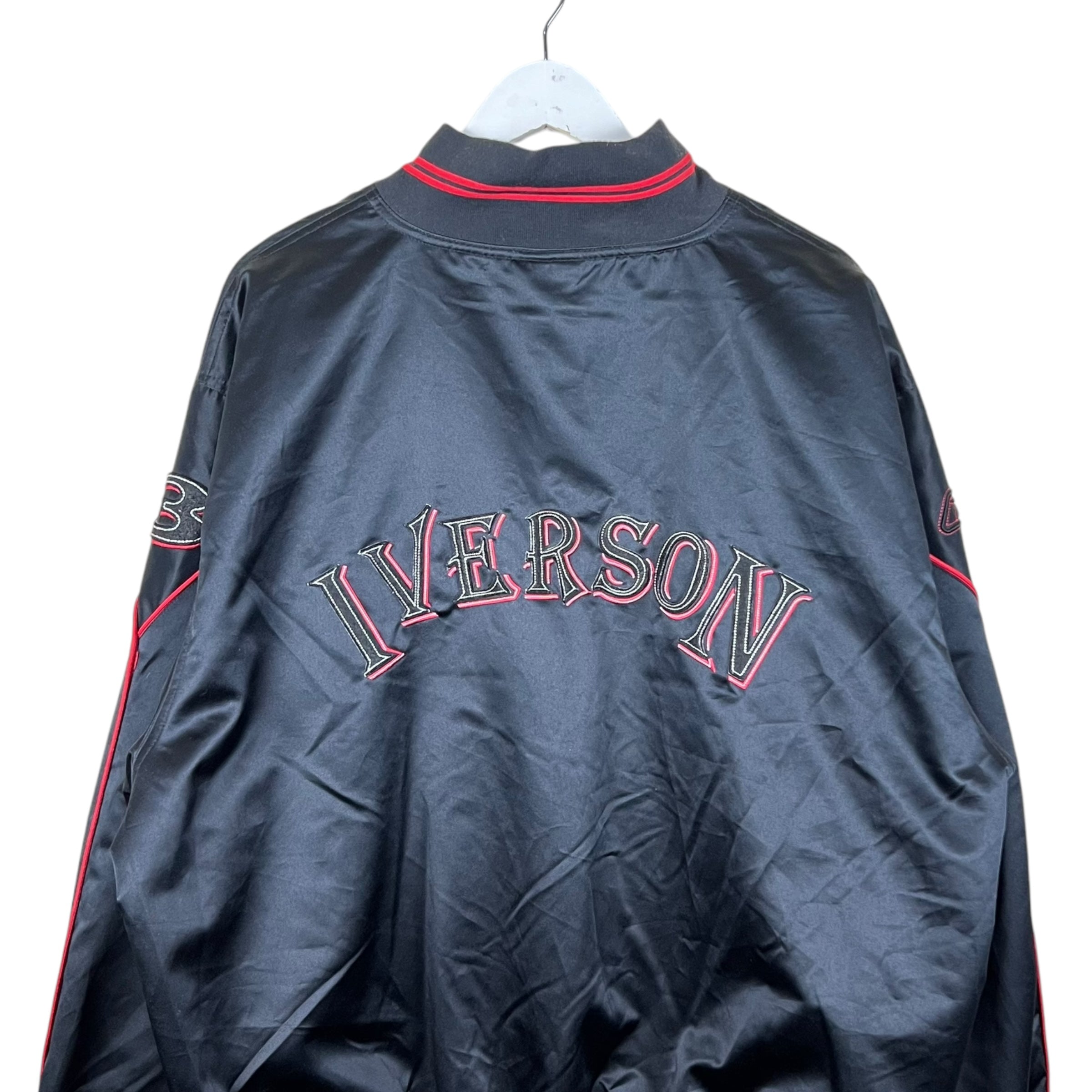 Vintage Reebok Allen Iverson Embroidered Logo Satin Bomber Jacket Black