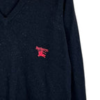 Vintage Burberrys V-Neck Embroidered Logo Knit Black