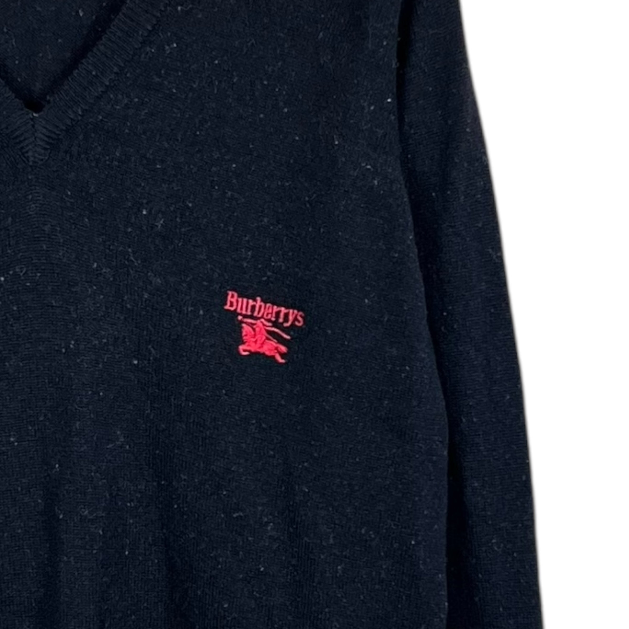 Vintage Burberrys V-Neck Embroidered Logo Knit Black