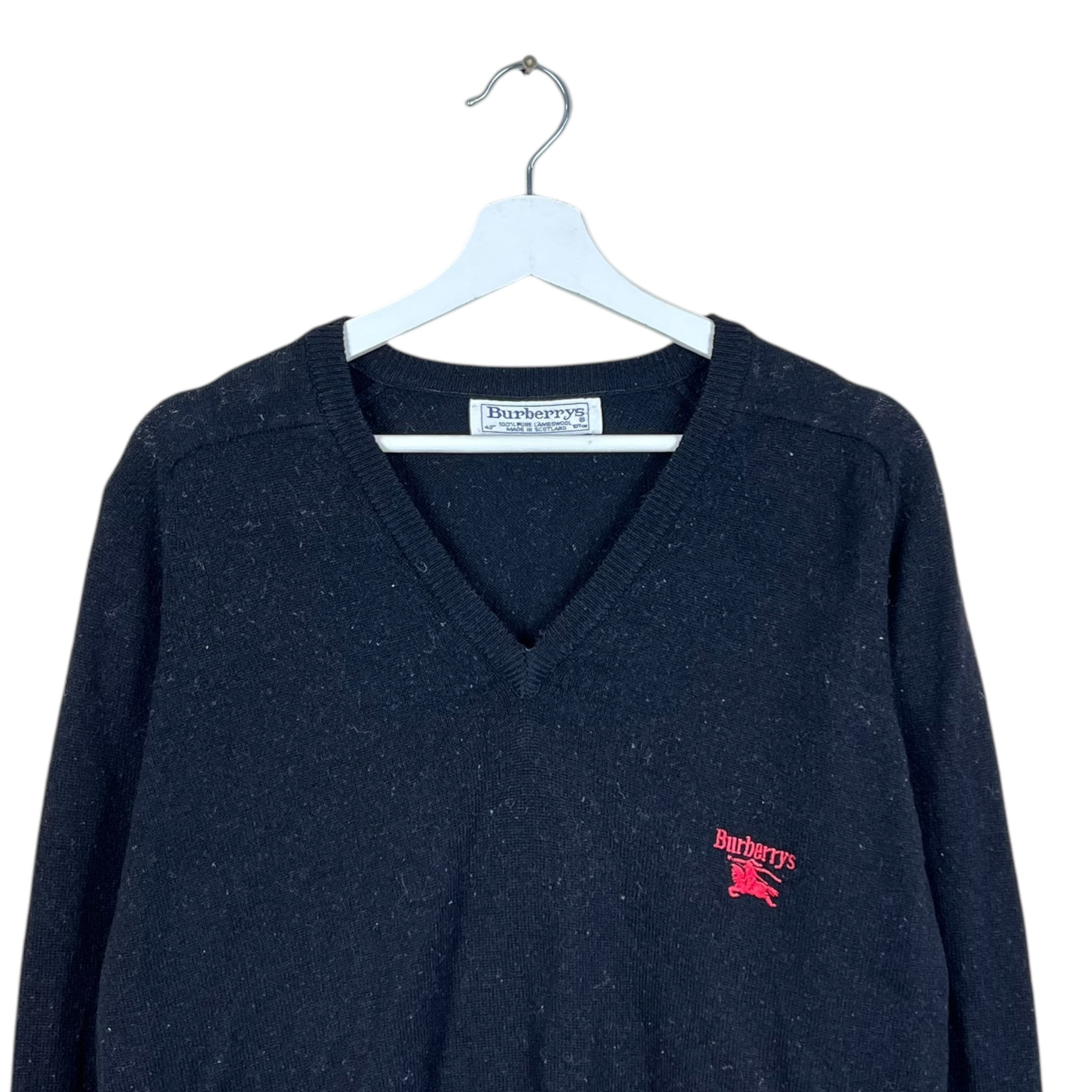Vintage Burberrys V-Neck Embroidered Logo Knit Black