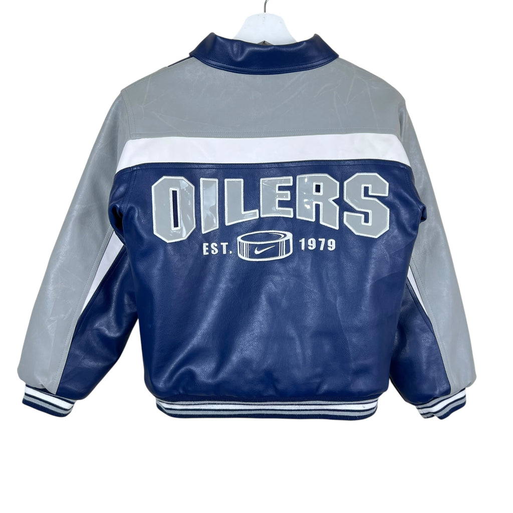 Vintage Nike NHL Edmonton Oilers Youth Leather Logo Jacket Blue/Grey