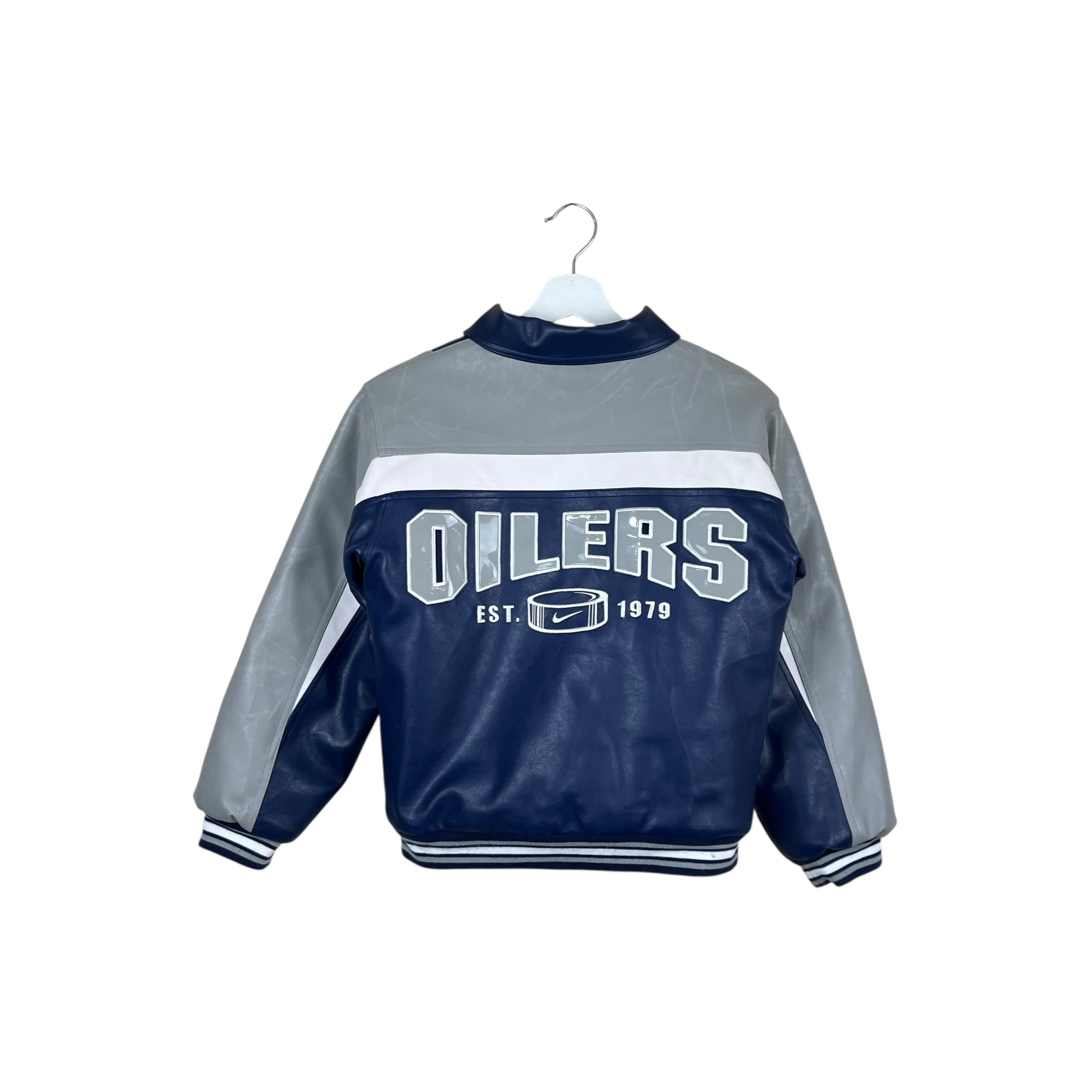 Vintage Nike NHL Edmonton Oilers Youth Leather Logo Jacket Blue/Grey