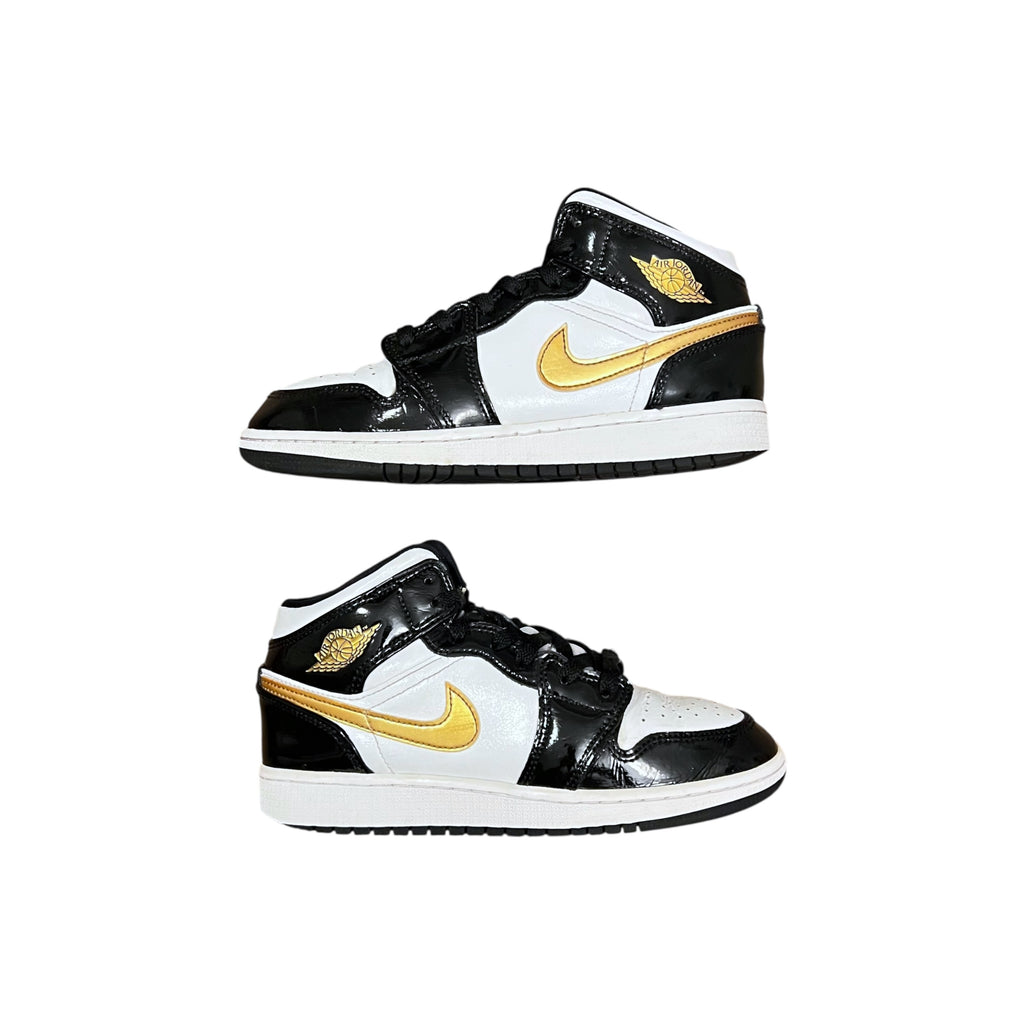 Jordan 1 Mid Patent Black White Gold (GS)