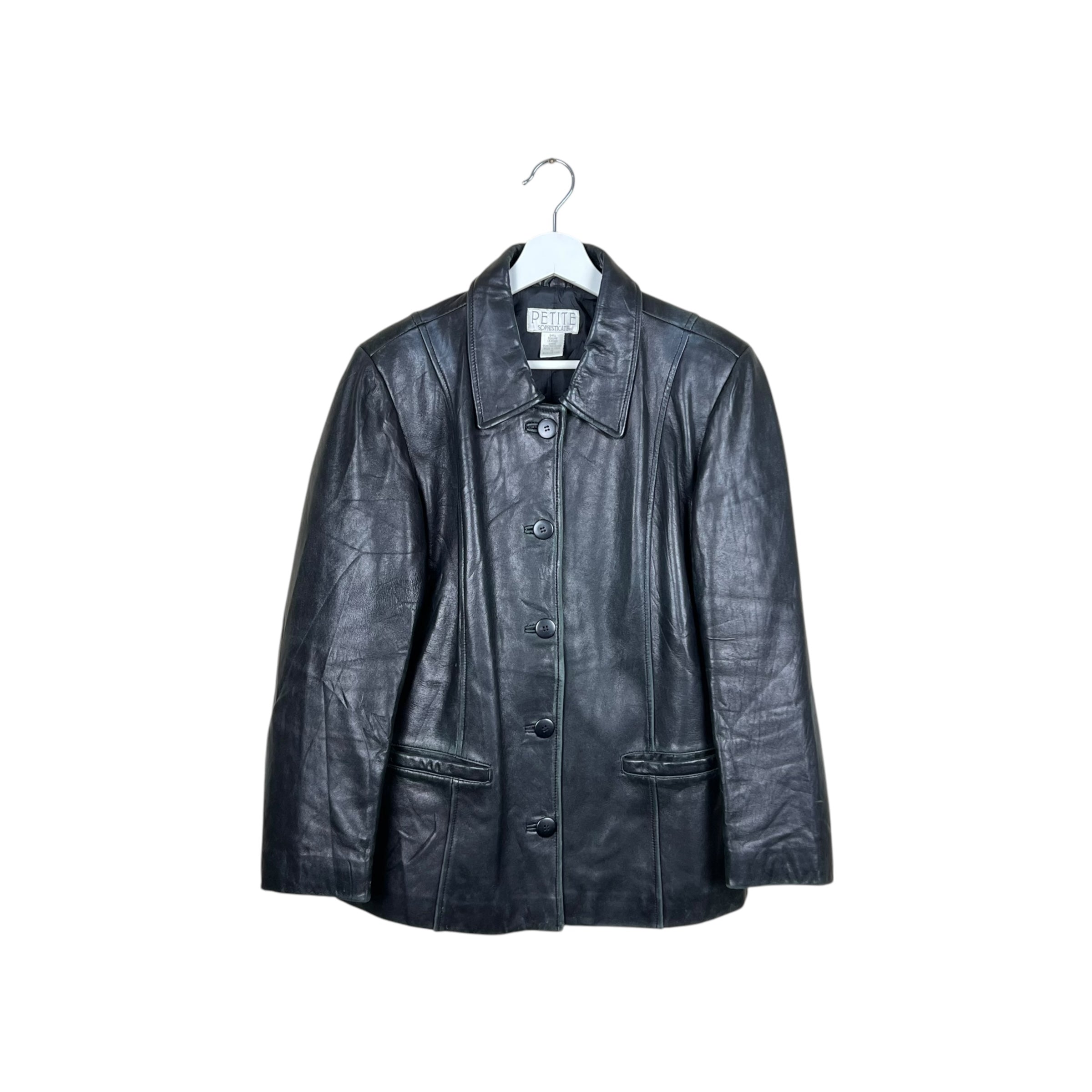 Vintage Petite Sophisticate Women’s Button Up Leather Jacket Black