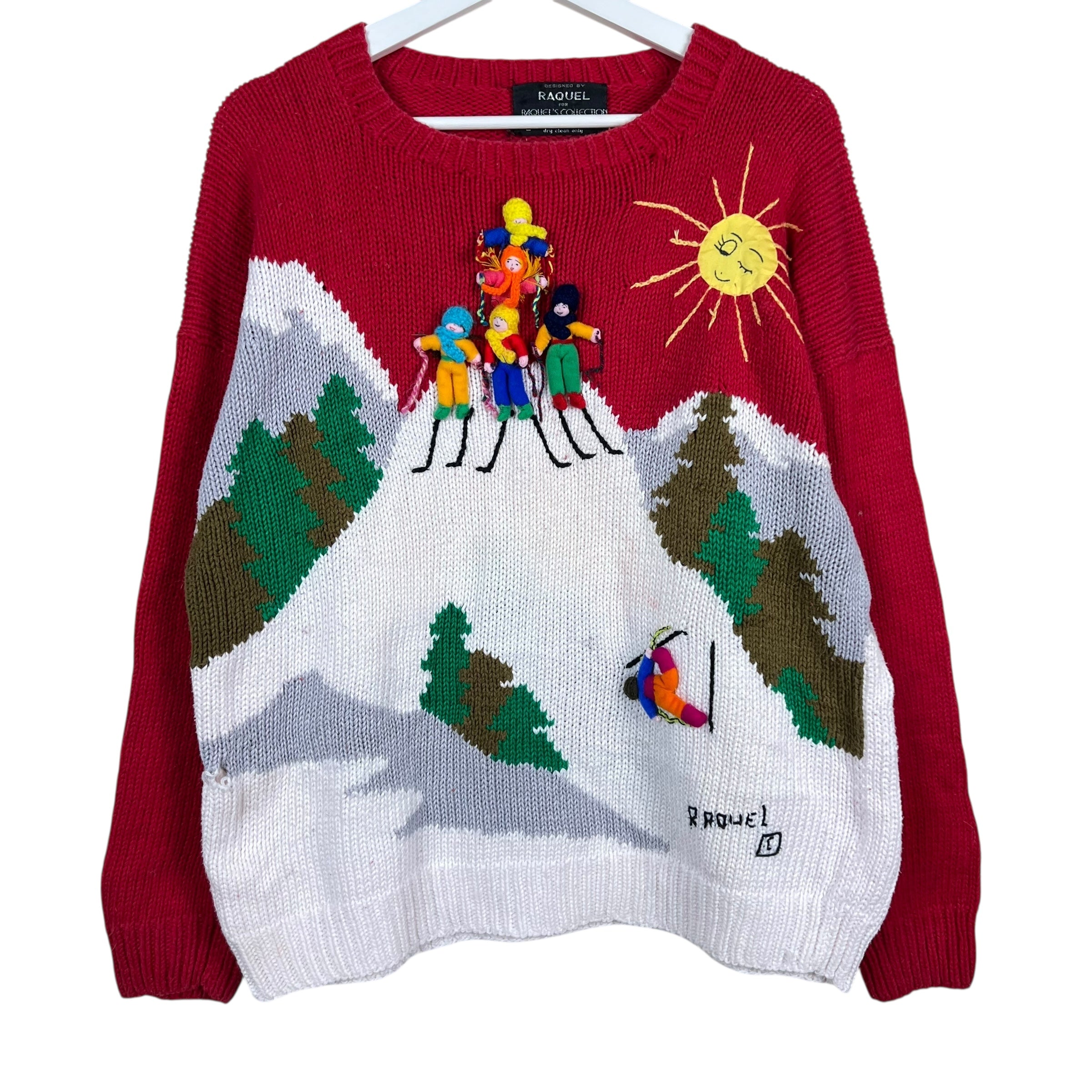 Vintage Raquel’s Collection Skiing Scenery Knit Red