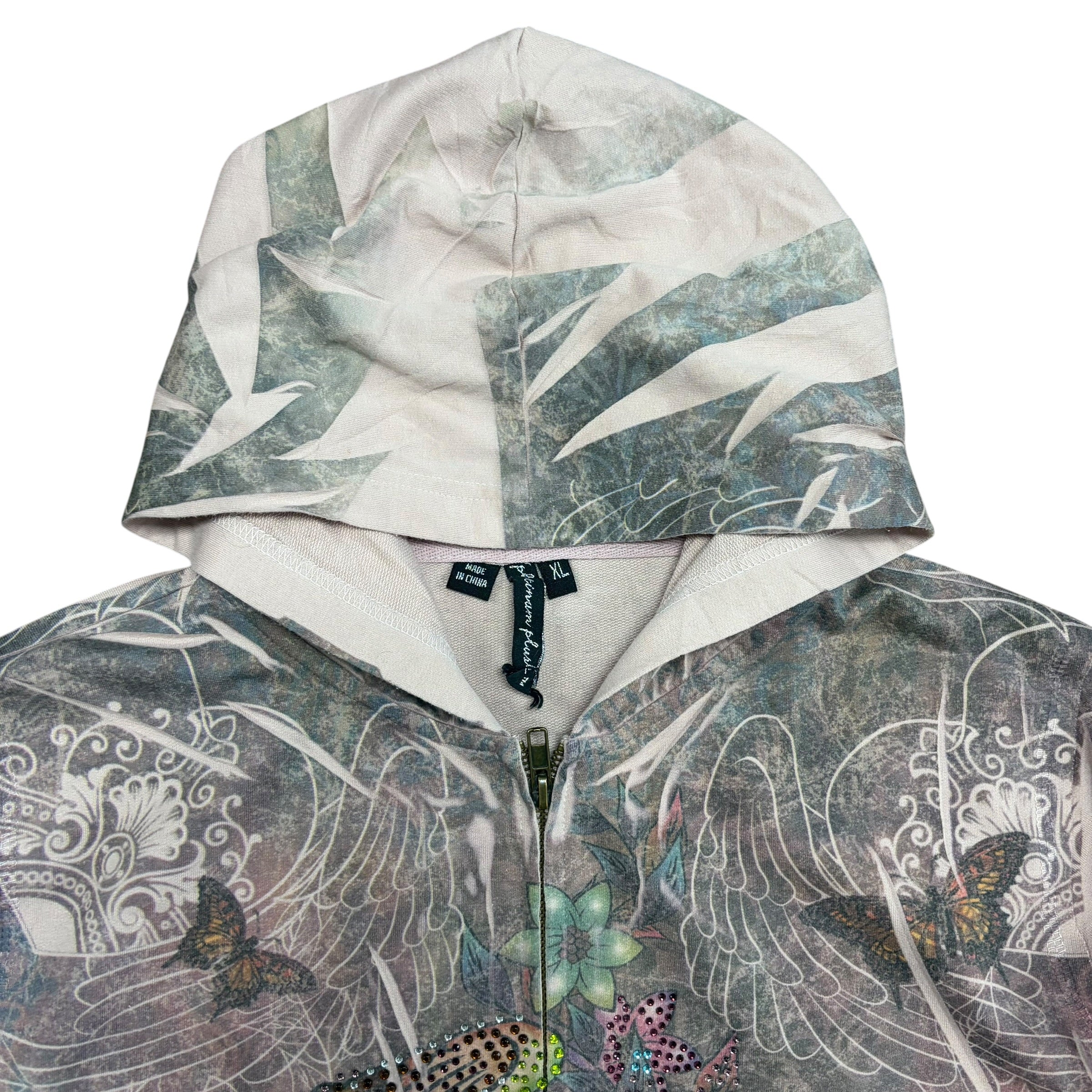 Vintage Women’s Y2K Bedazzled Heart Graphic Full Zip Hoodie Pink