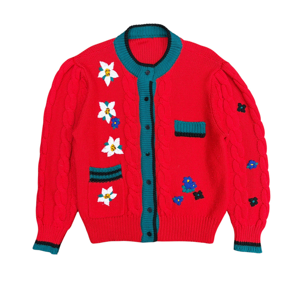 Vintage Flower Design Button Up Cardigan Red