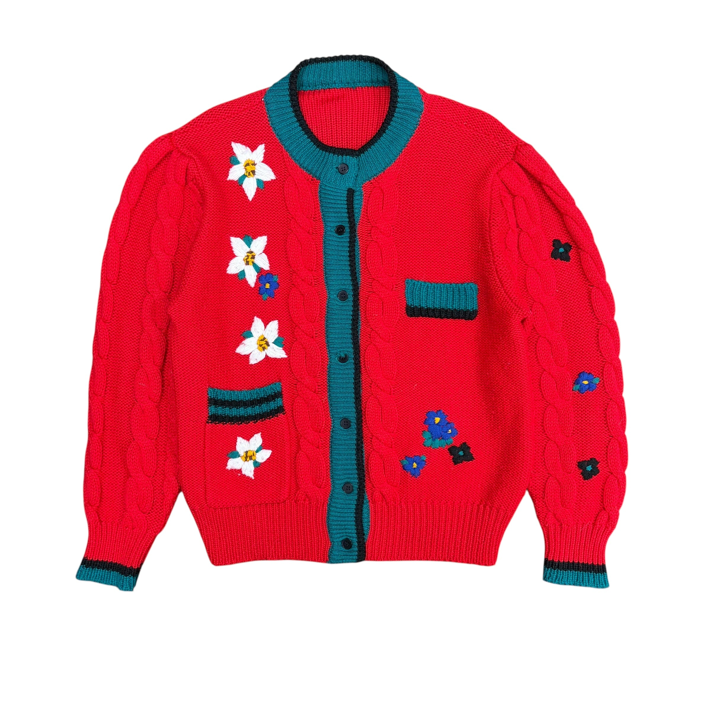 Vintage Flower Design Button Up Cardigan Red