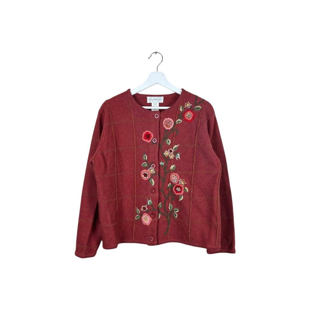 Vintage Susan Bristol Handknit Flower Cardigan Burgundy