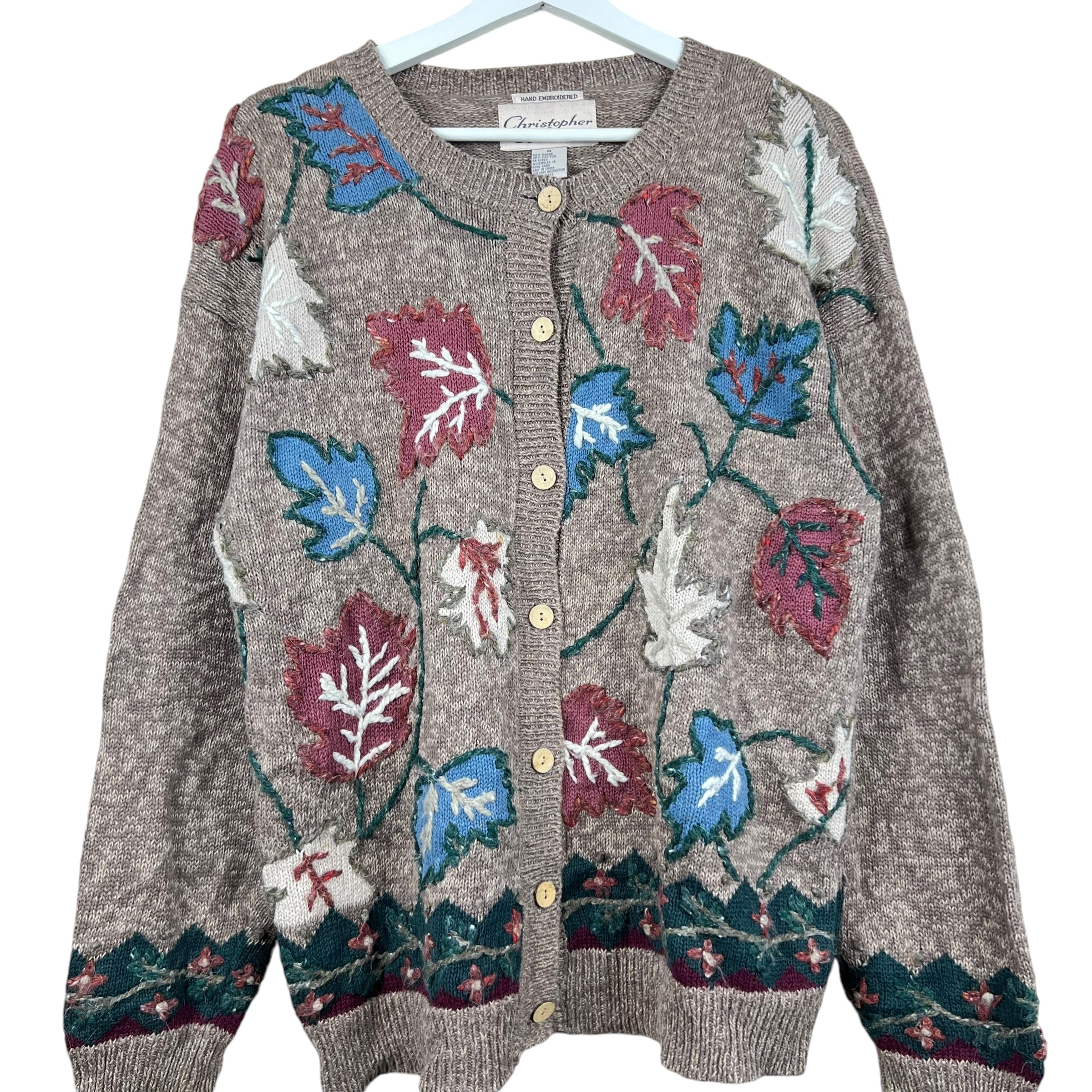 Vintage Christopher & Banks Hand Embroidered Leaves Button Up Cardigan Brown