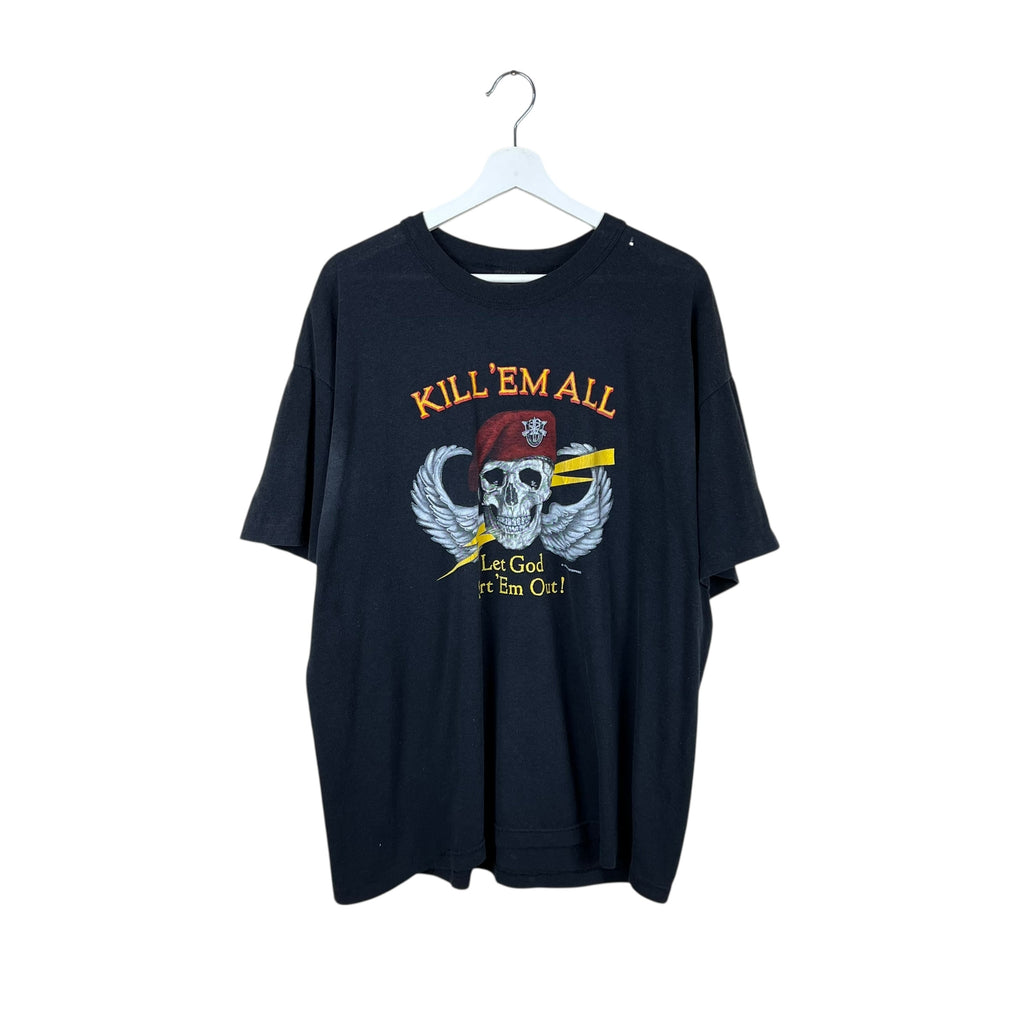 1986 “Kill ‘Em All! Let God Sort ‘Em Out!” Skull Tee Faded Black