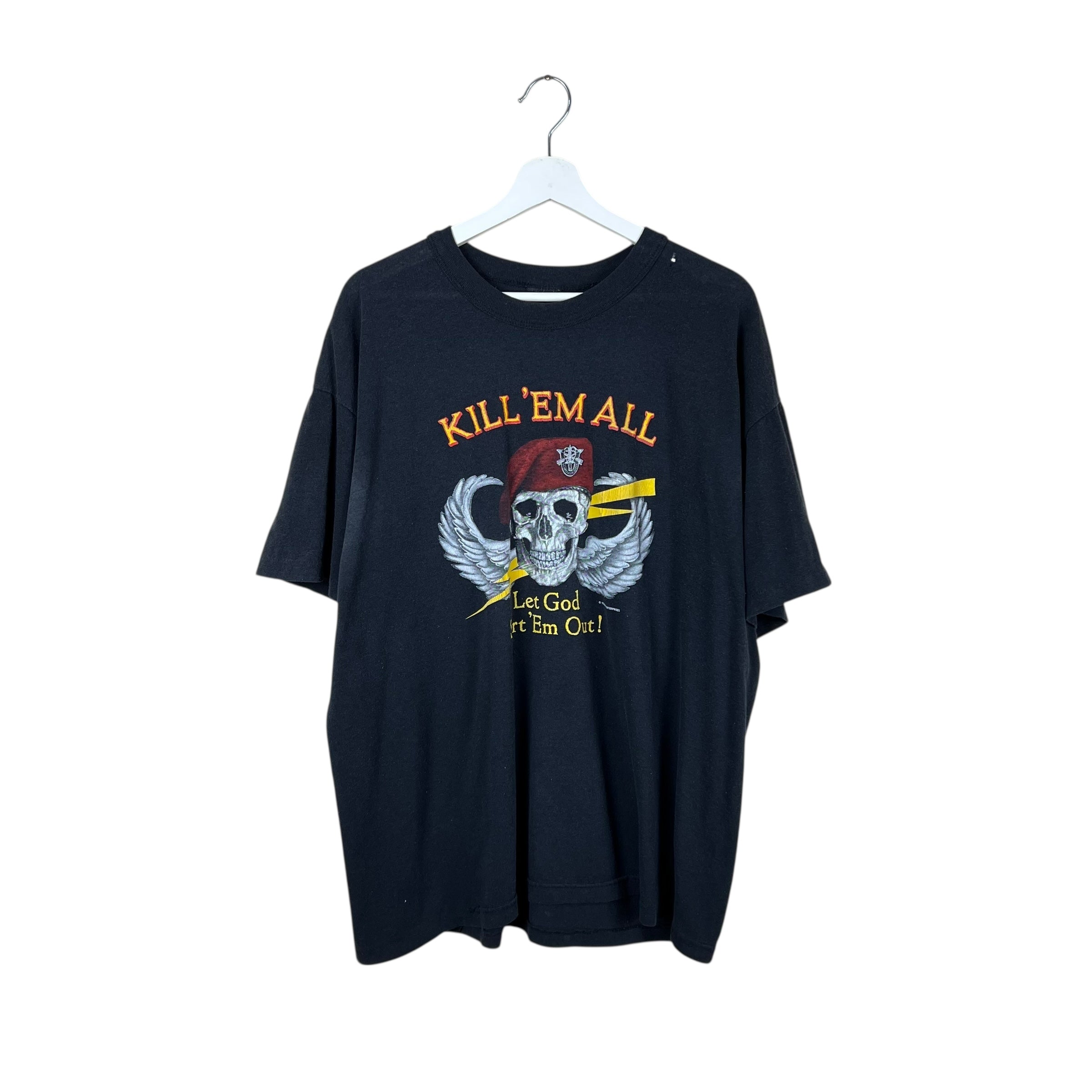 1986 “Kill ‘Em All! Let God Sort ‘Em Out!” Skull Tee Faded Black