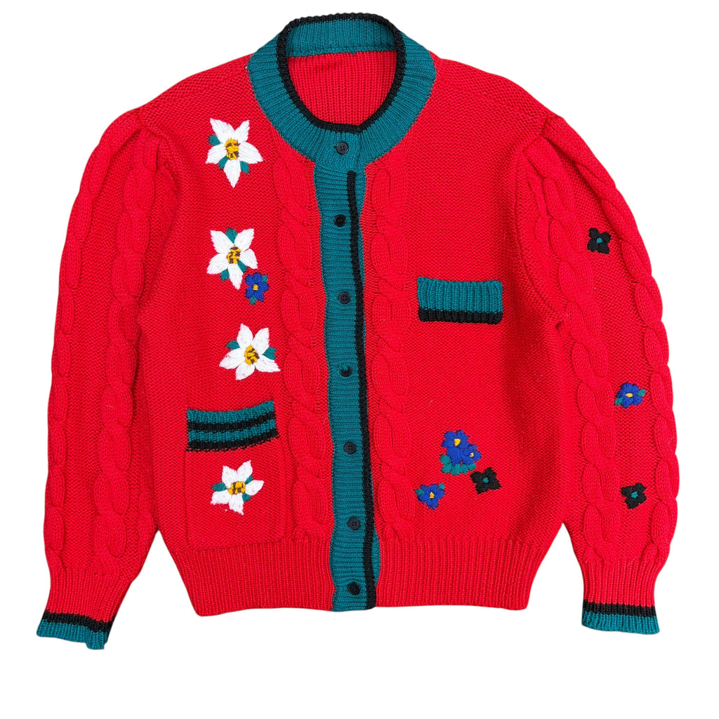 Vintage Flower Design Button Up Cardigan Red