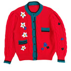 Vintage Flower Design Button Up Cardigan Red