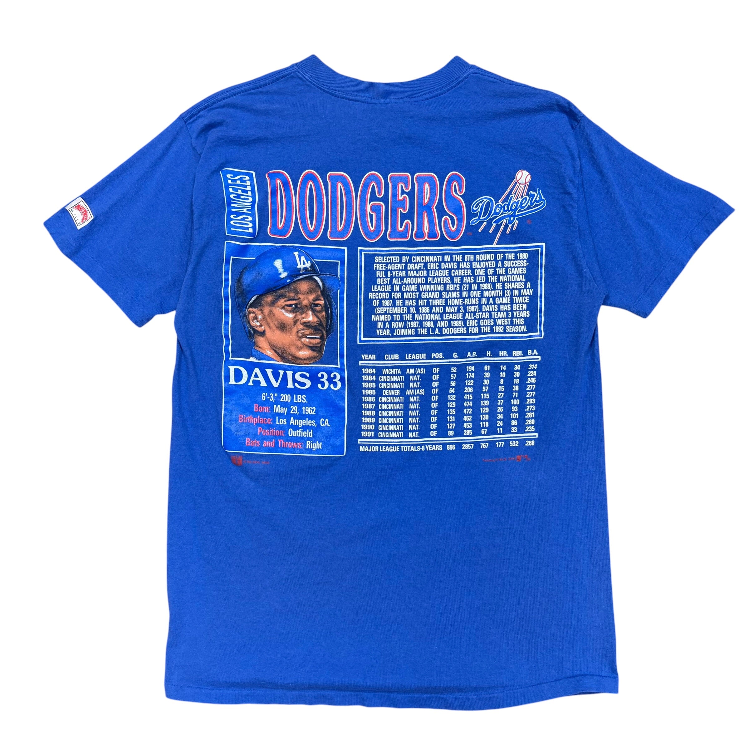 1992 Nutmeg MLB Los Angeles Dodgers Eric Davis Player Stat Tee Royal Blue