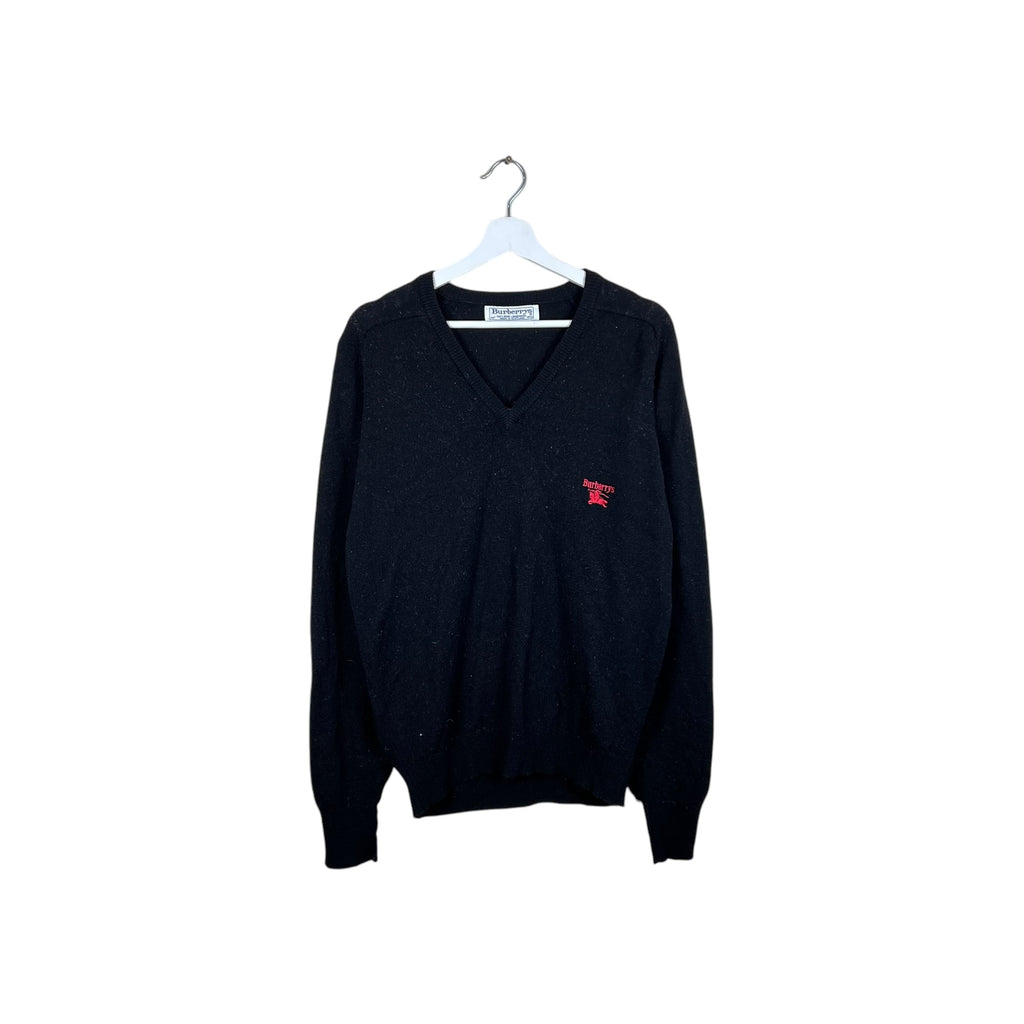 Vintage Burberrys V-Neck Embroidered Logo Knit Black