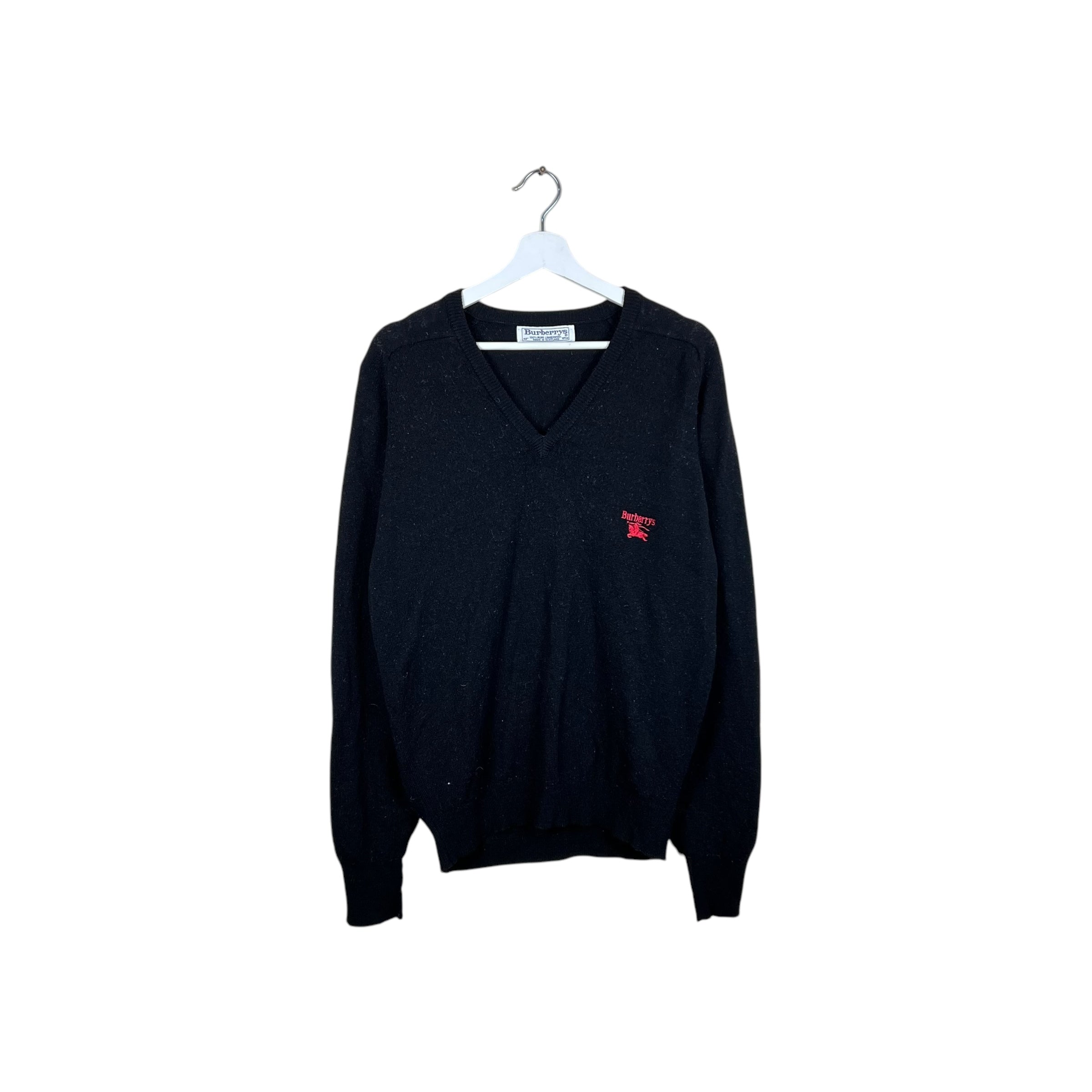 Vintage Burberrys V-Neck Embroidered Logo Knit Black