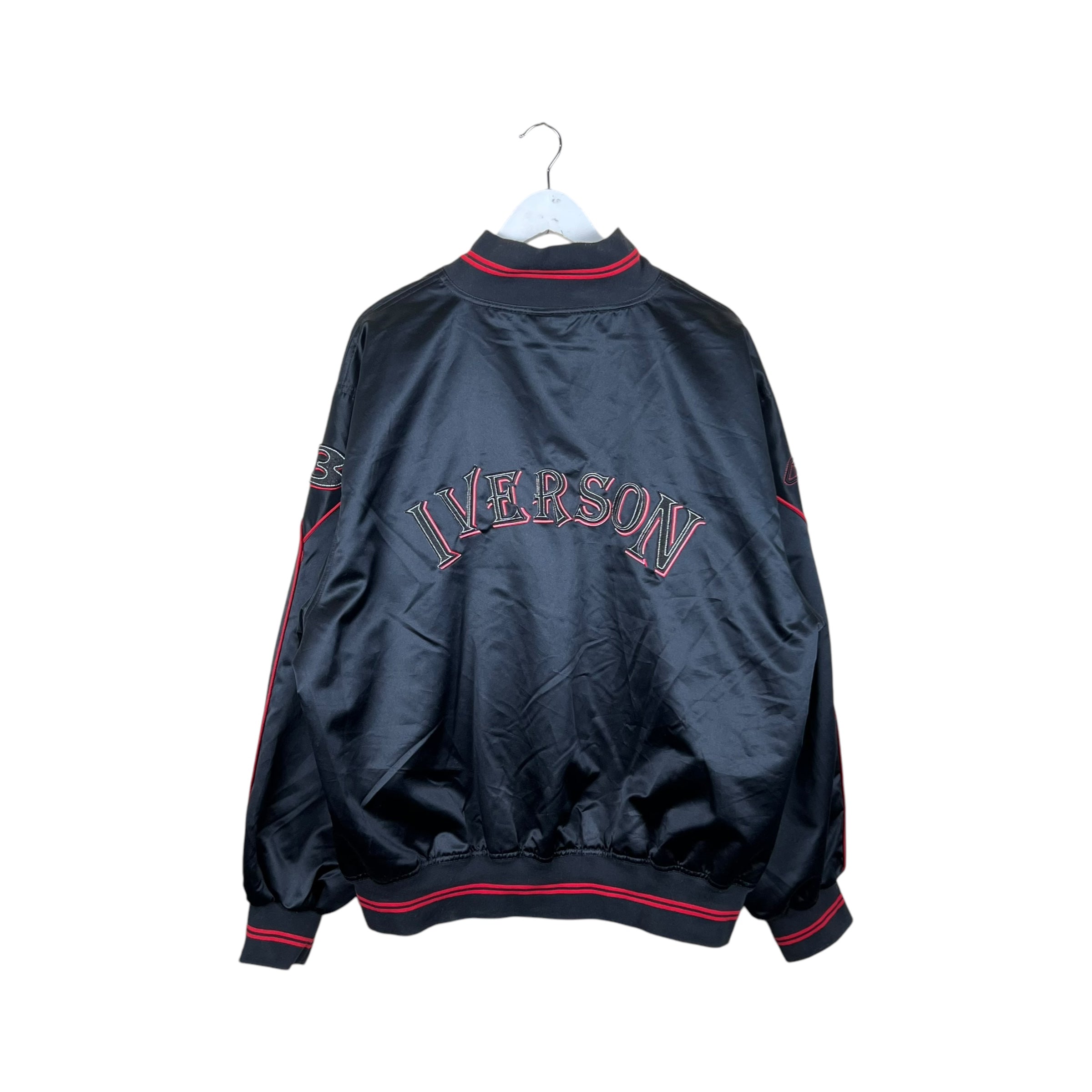 Vintage Reebok Allen Iverson Embroidered Logo Satin Bomber Jacket Black