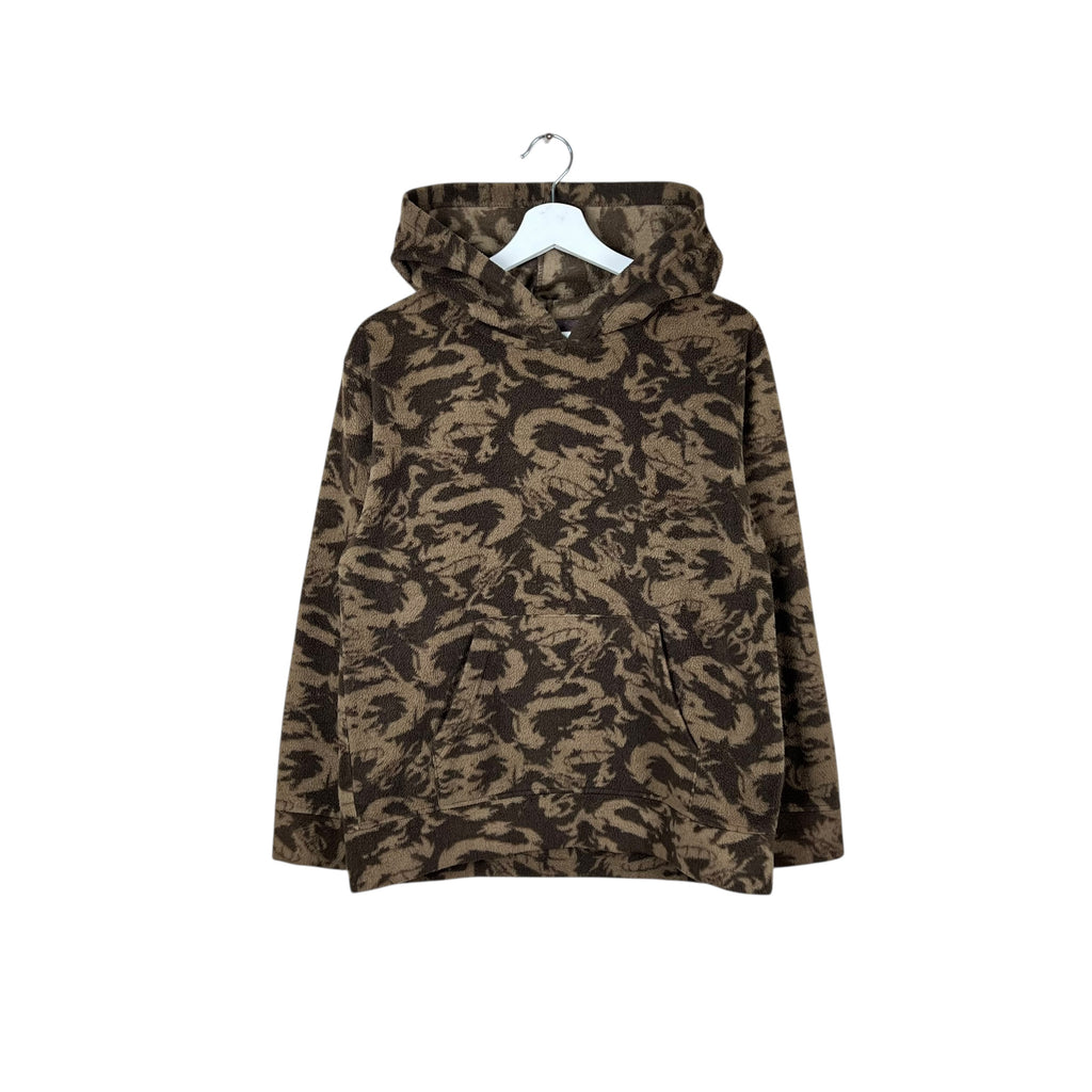 Vintage Dragon Print AOP Sherpa Hoodie Brown