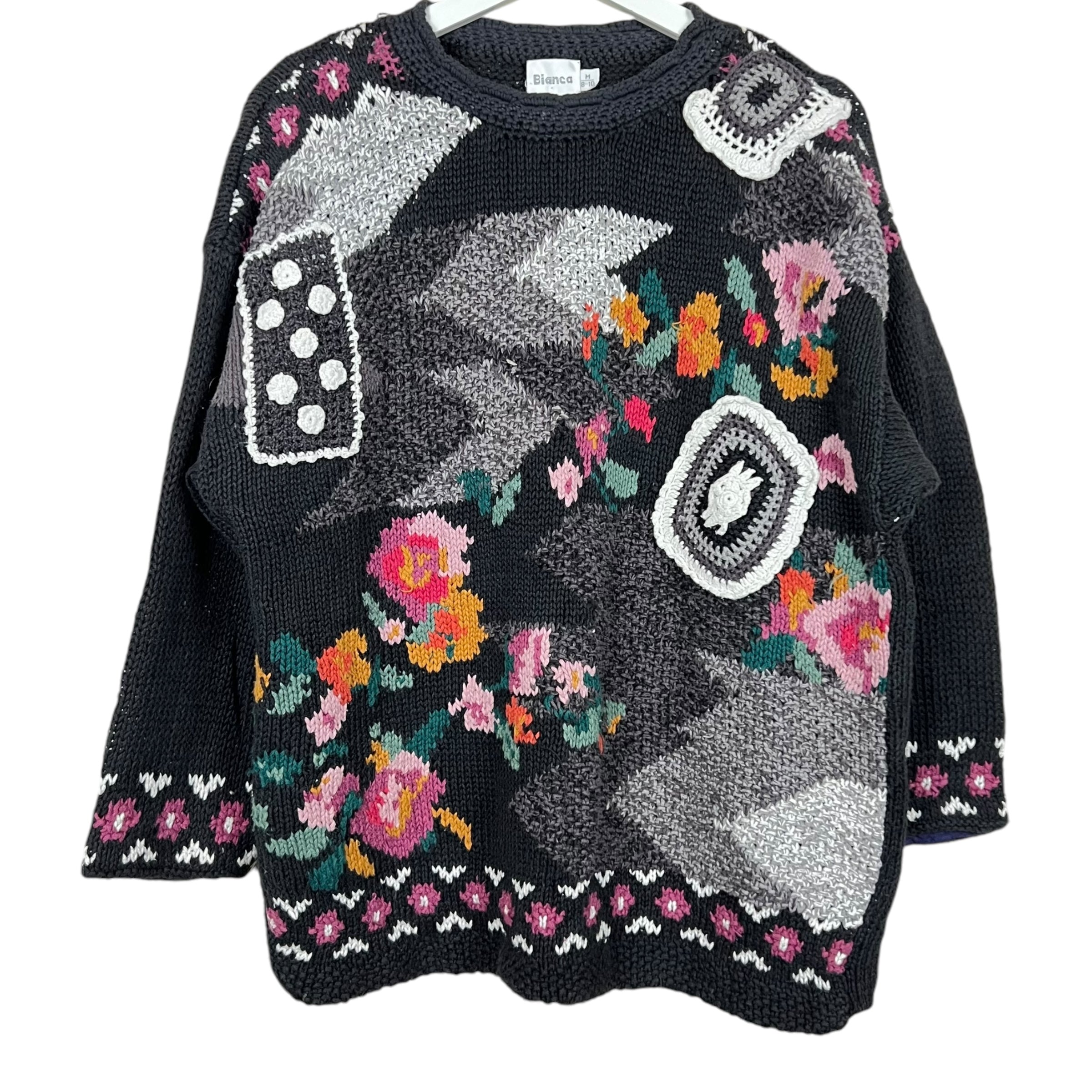 Vintage Bianca Women’s Multi Flower Design Handknit Black