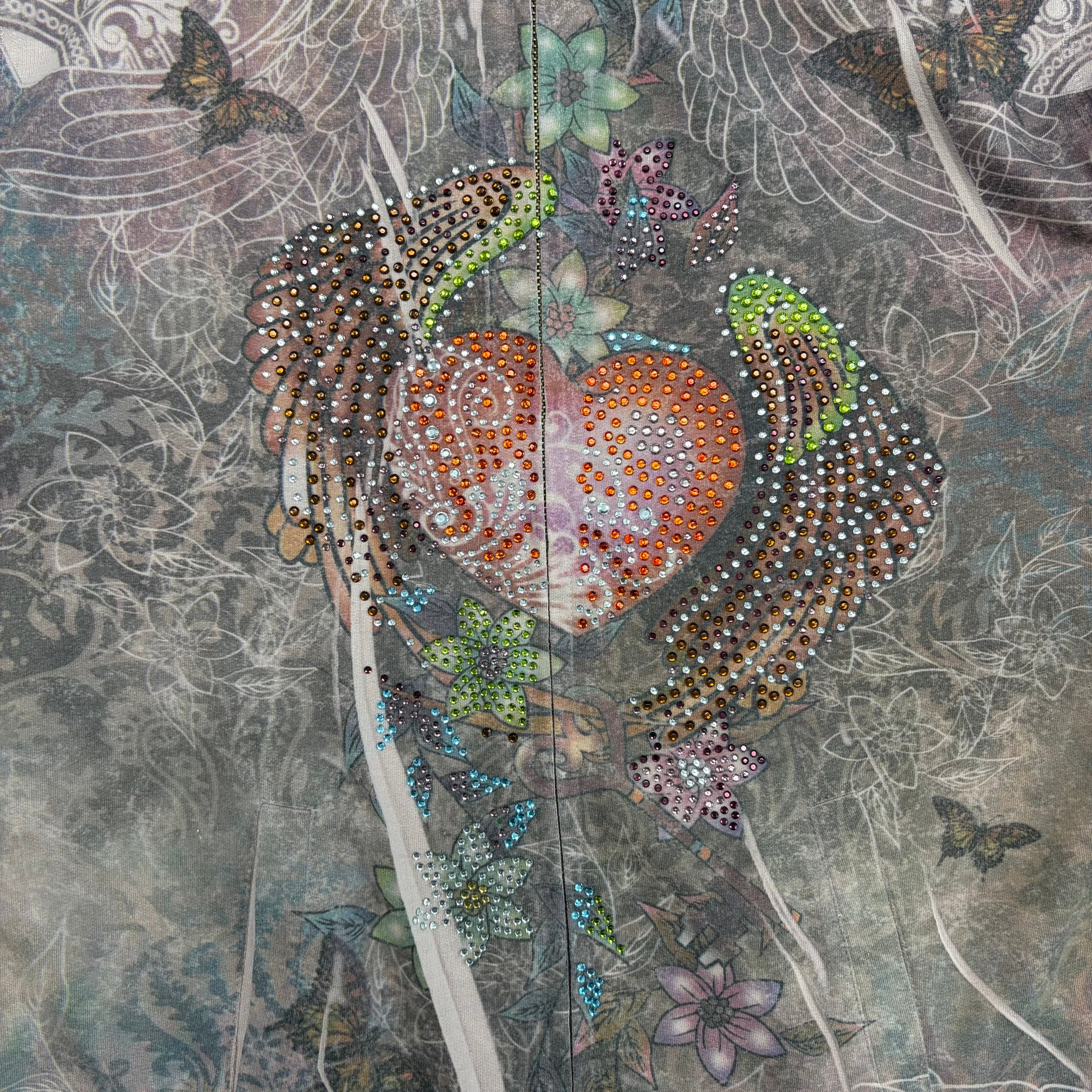 Vintage Women’s Y2K Bedazzled Heart Graphic Full Zip Hoodie Pink