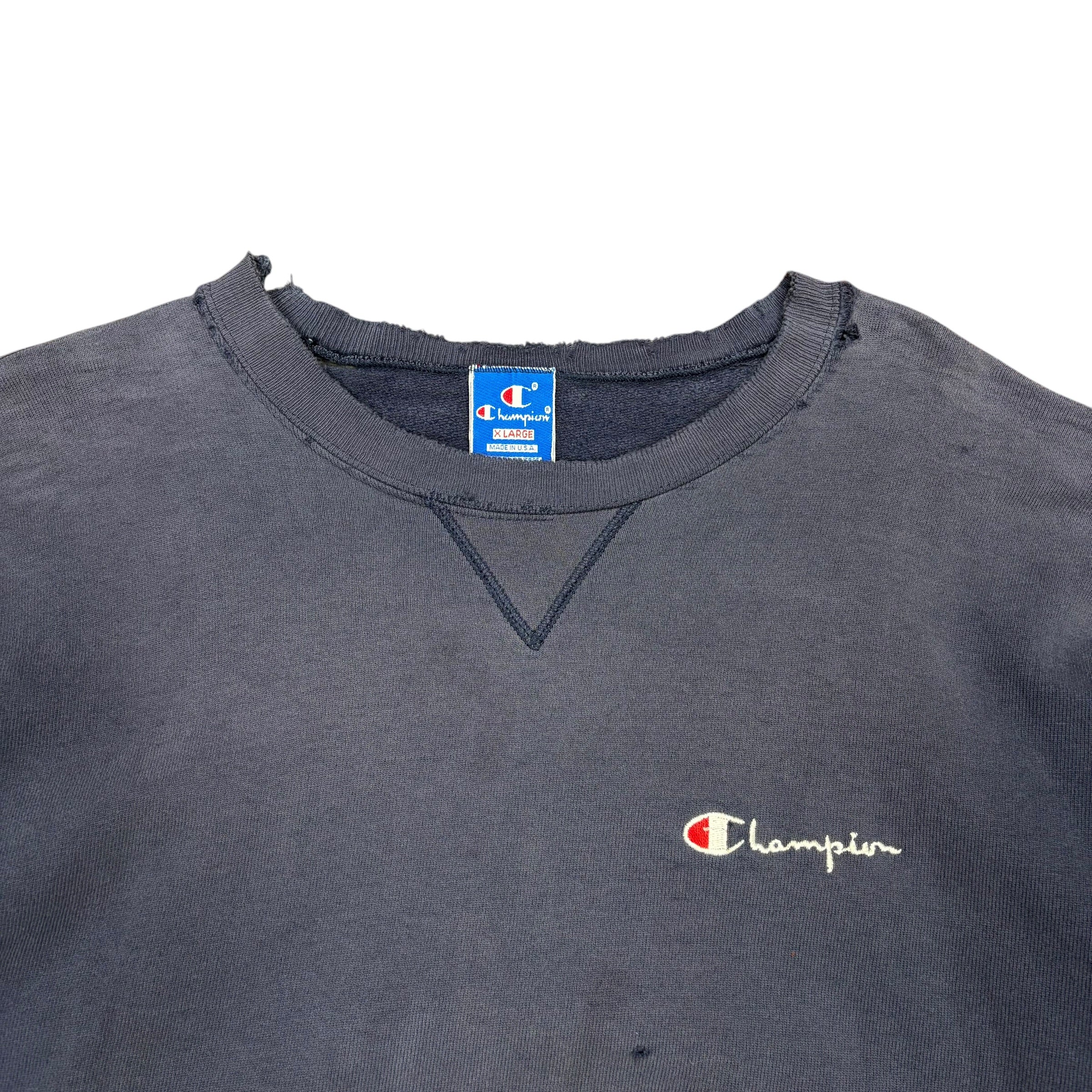 Vintage 90’s Champion Script Logo Thrashed Crewneck Navy