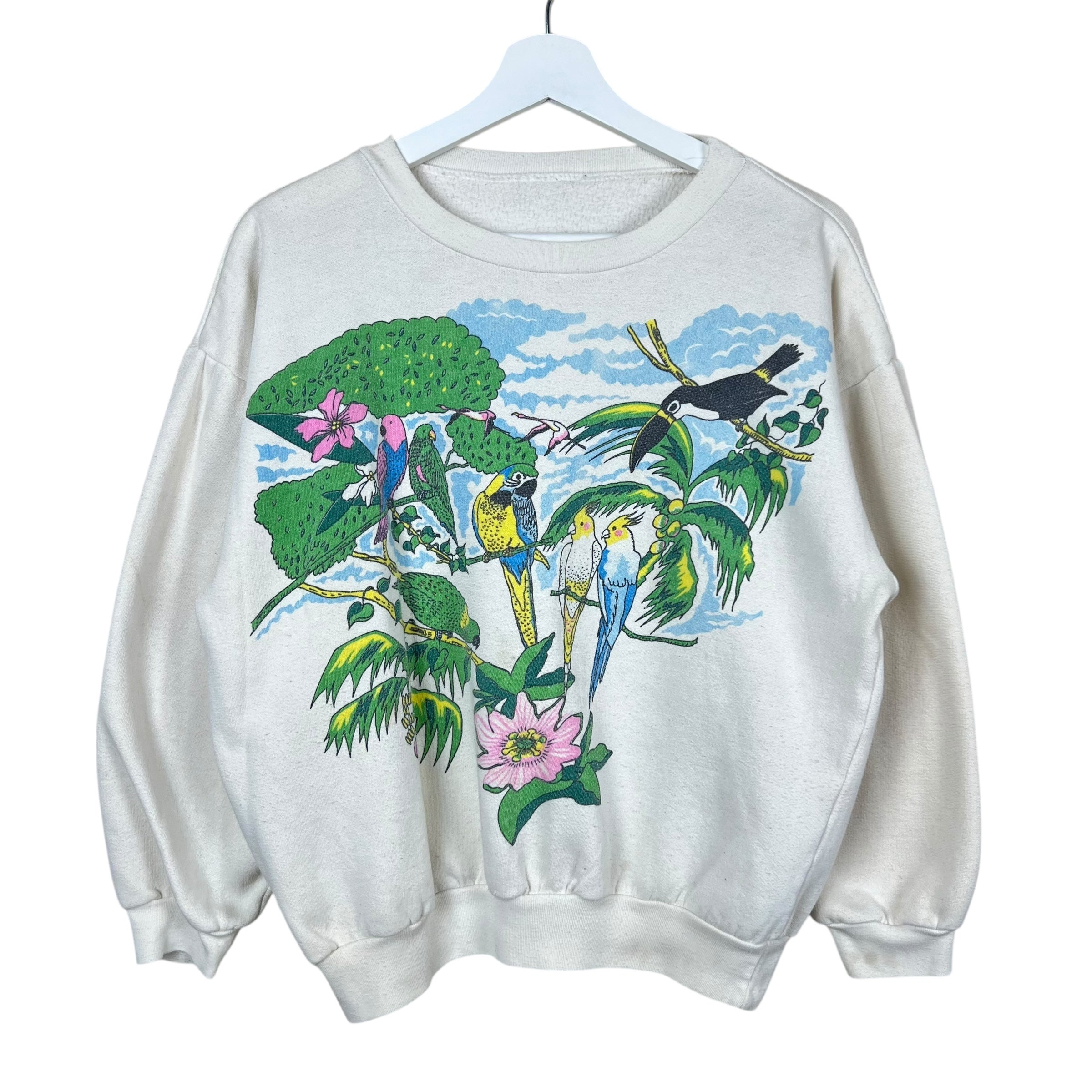 Vintage Tropical Forest Animals Crewneck Soft White