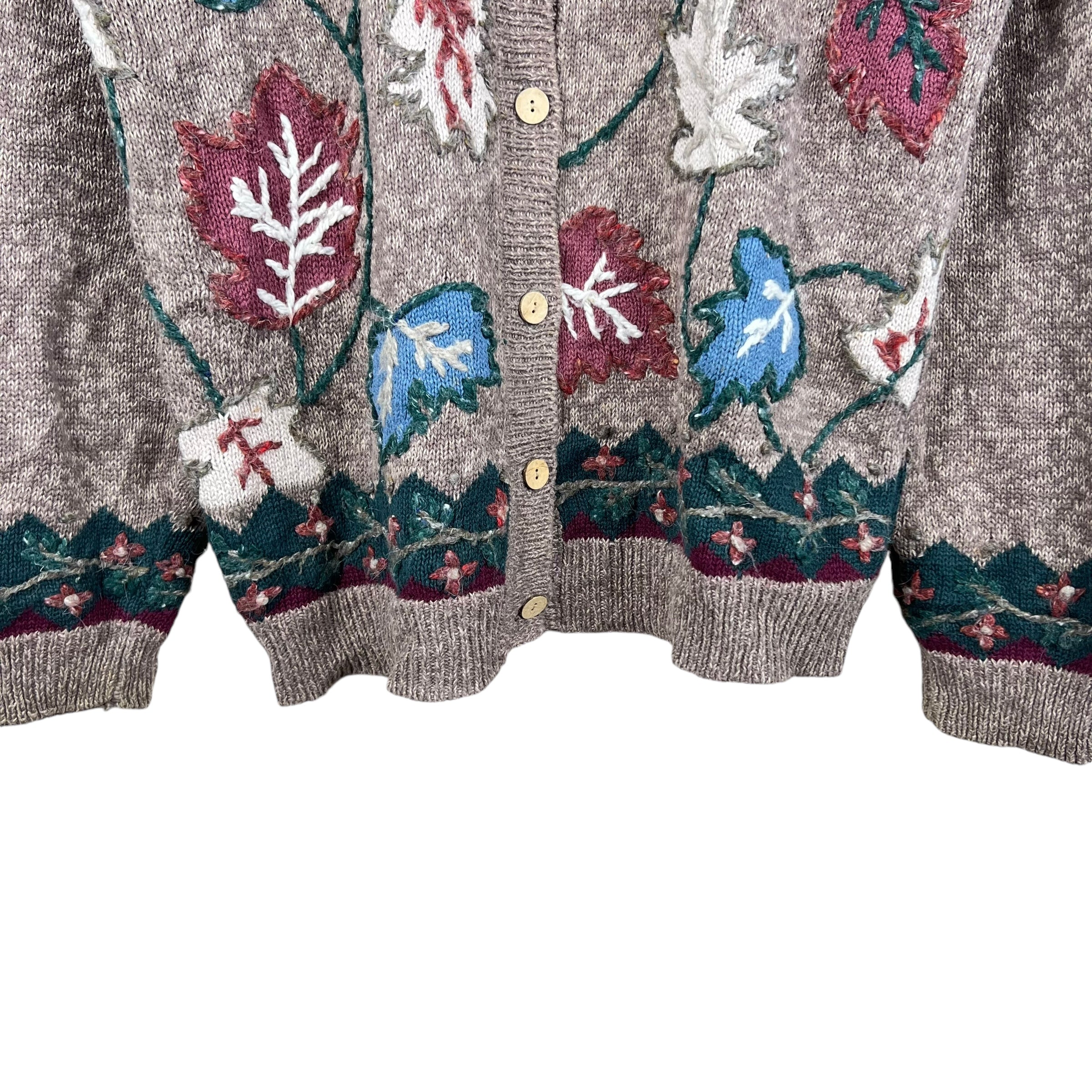 Vintage Christopher & Banks Hand Embroidered Leaves Button Up Cardigan Brown