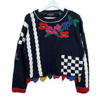 Vintage Carole Little Petites Embroidered Flowers Knit Black