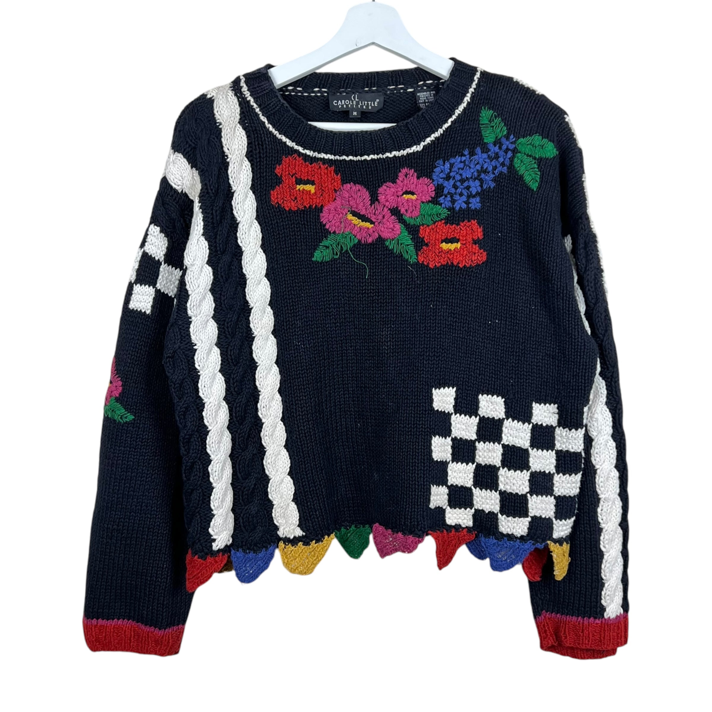 Vintage Carole Little Petites Embroidered Flowers Knit Black