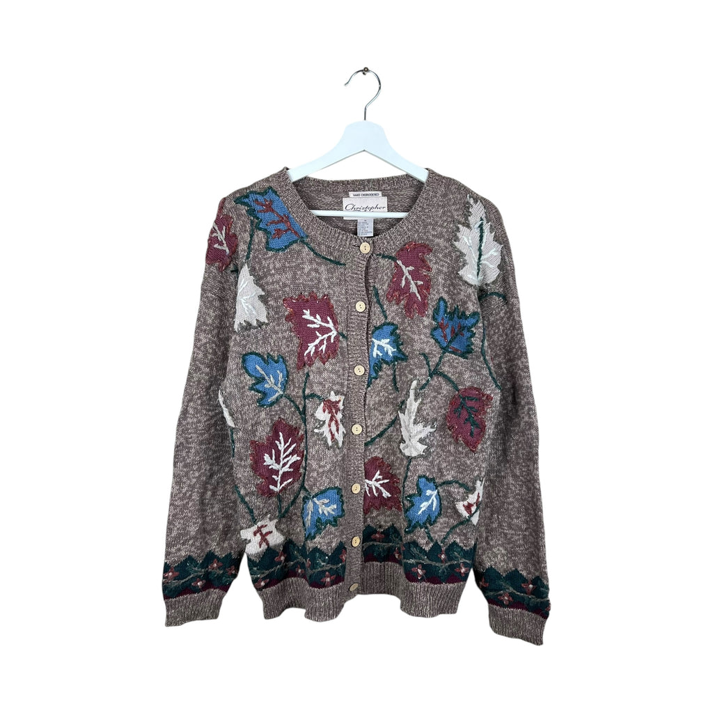 Vintage Christopher & Banks Hand Embroidered Leaves Button Up Cardigan Brown