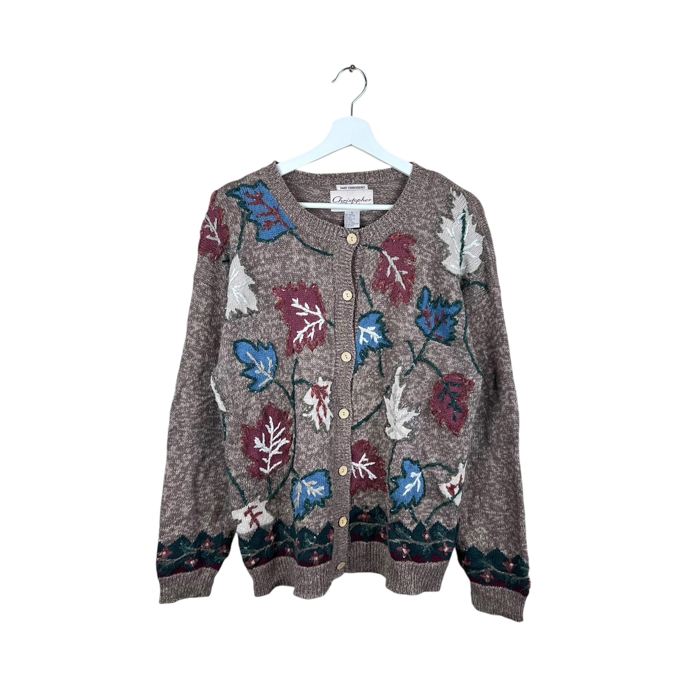 Vintage Christopher & Banks Hand Embroidered Leaves Button Up Cardigan Brown