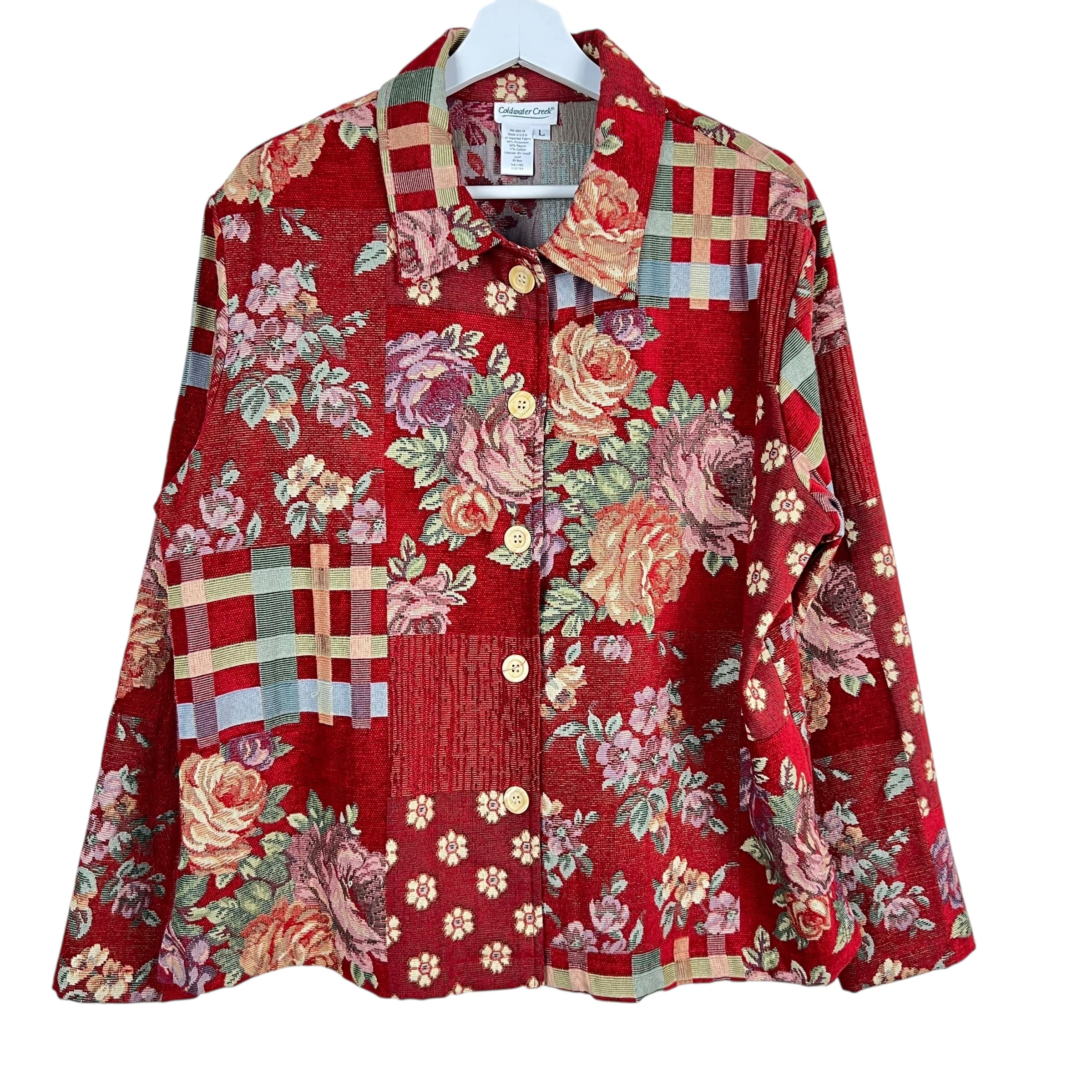 Vintage Coldwater Creek Women’s Patchwork Floral Tapestry Jacket Red