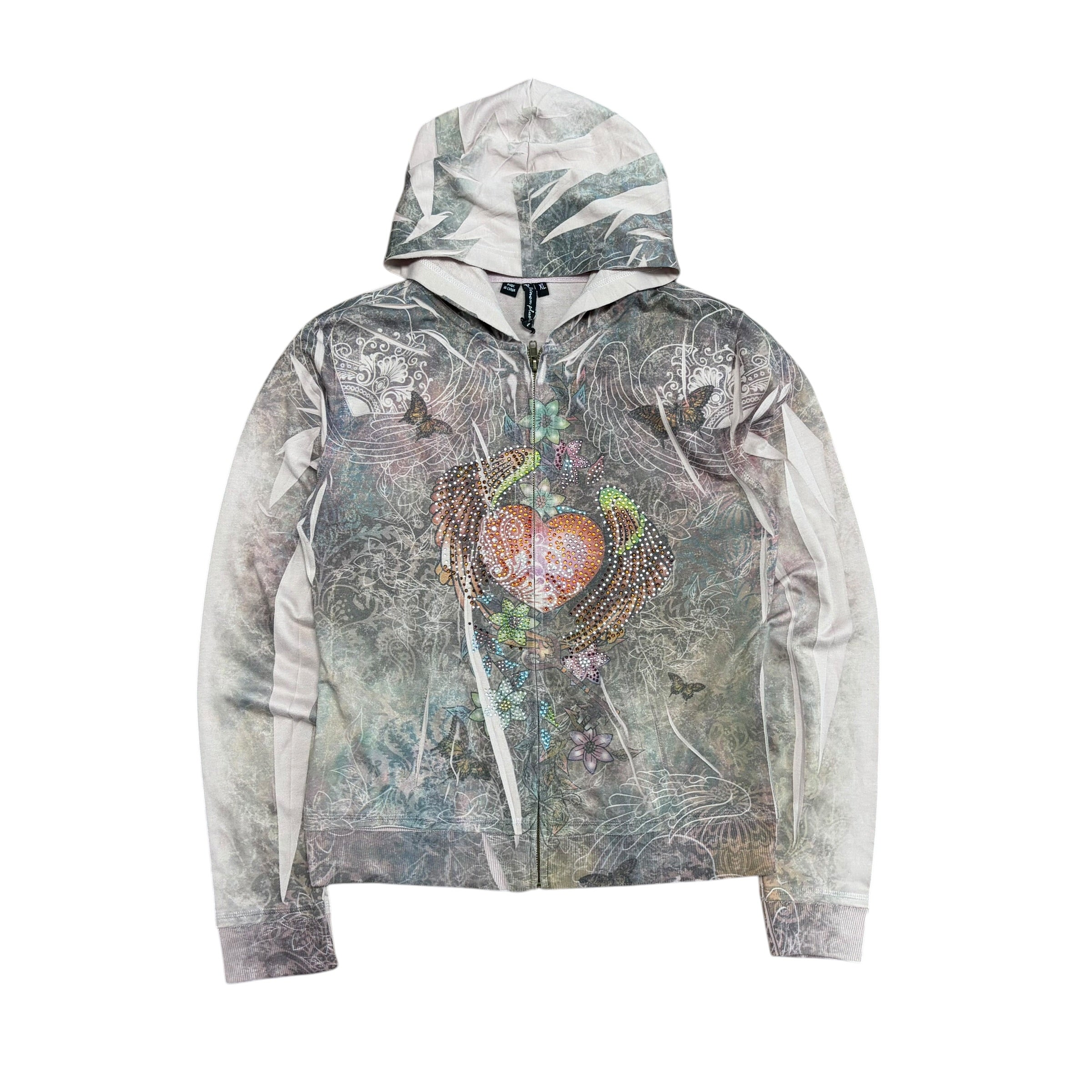 Vintage Women’s Y2K Bedazzled Heart Graphic Full Zip Hoodie Pink
