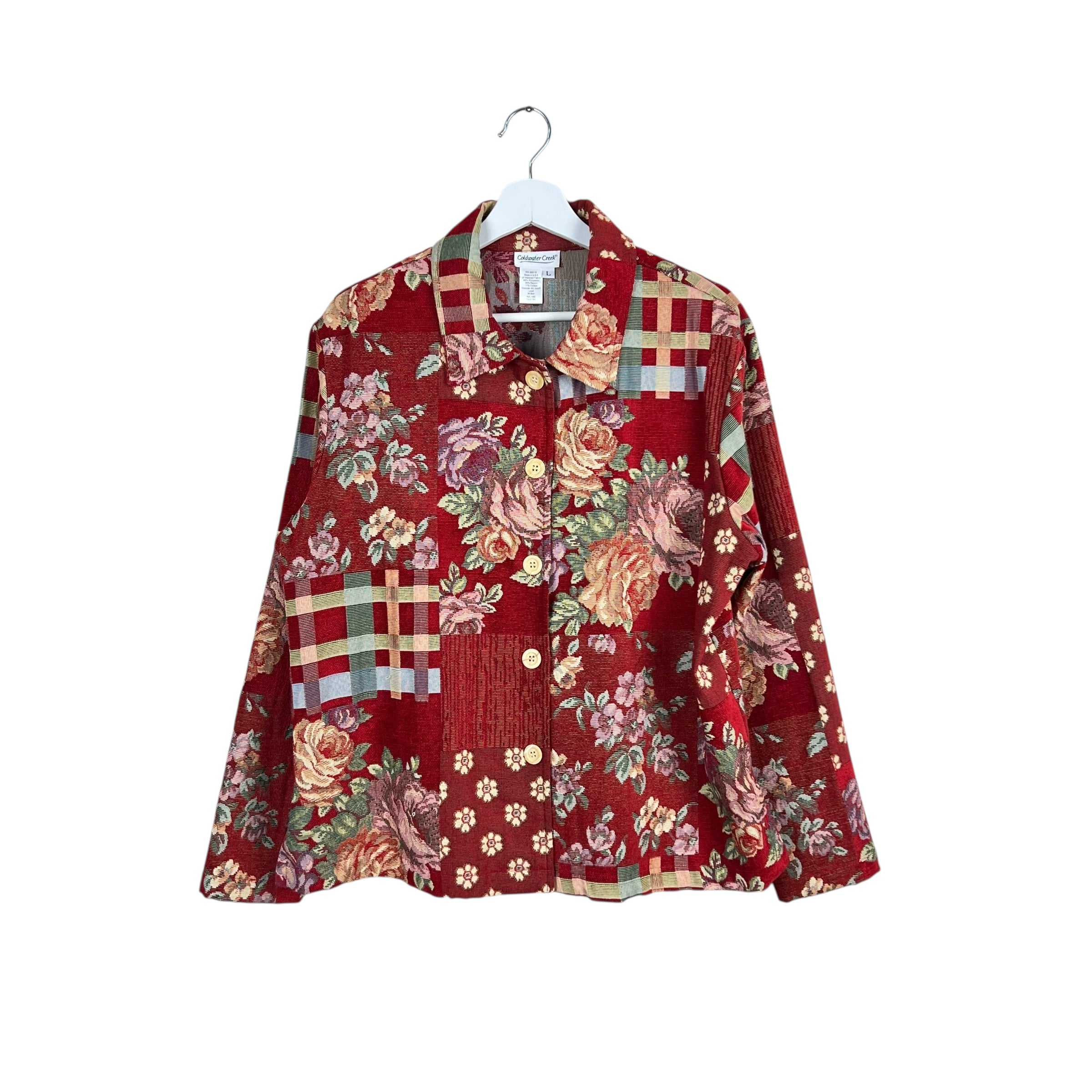 Vintage Coldwater Creek Women’s Patchwork Floral Tapestry Jacket Red