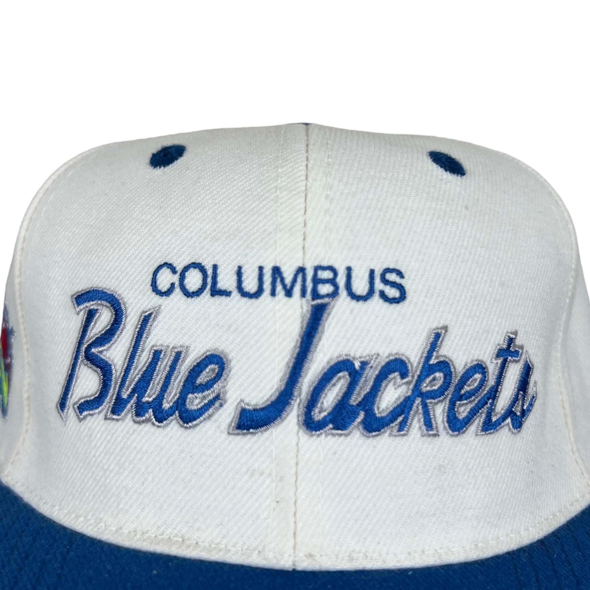 Vintage Sports Specialties Columbus Blue Jackets Script SnapBack Hat White Blue