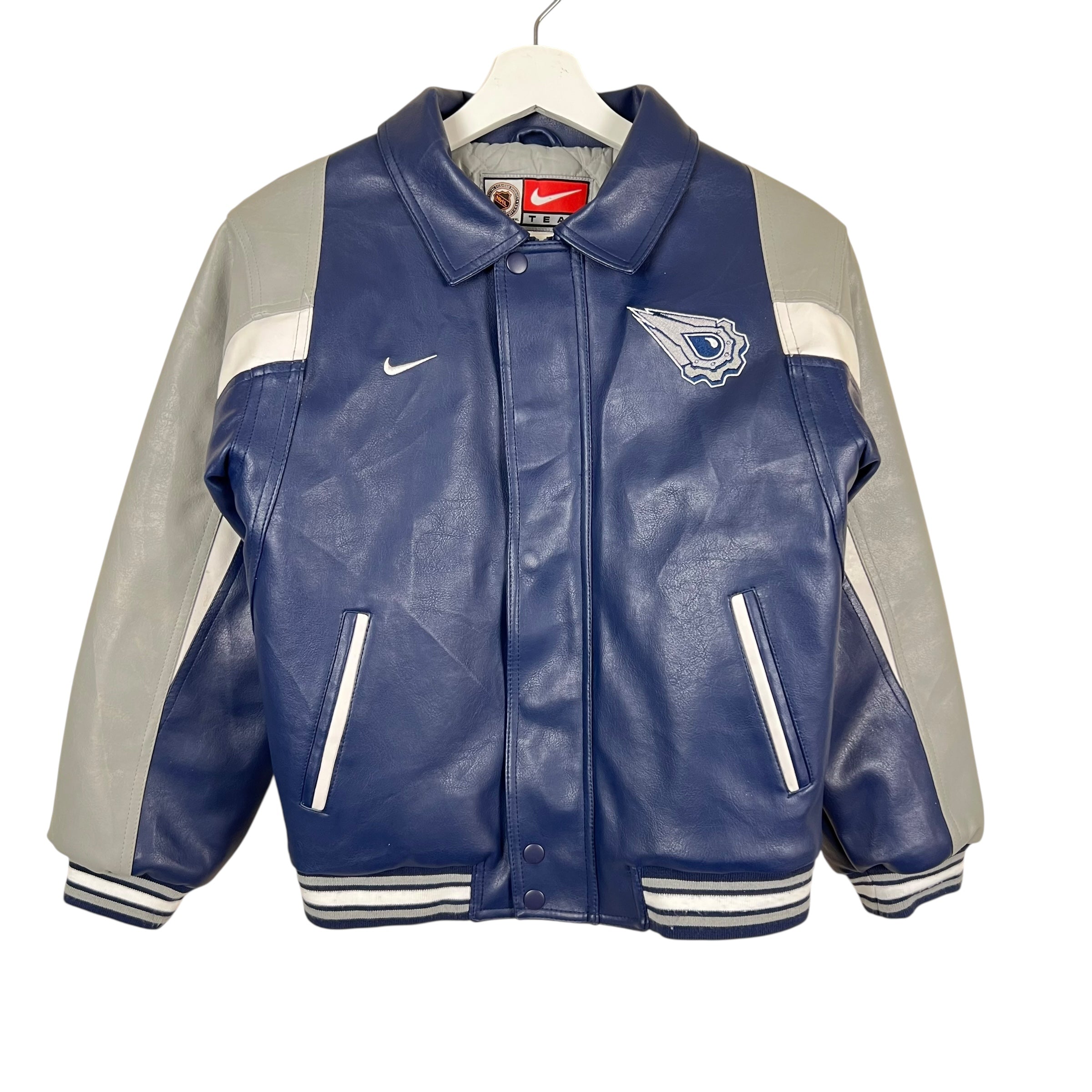 Vintage Nike NHL Edmonton Oilers Youth Leather Logo Jacket Blue/Grey