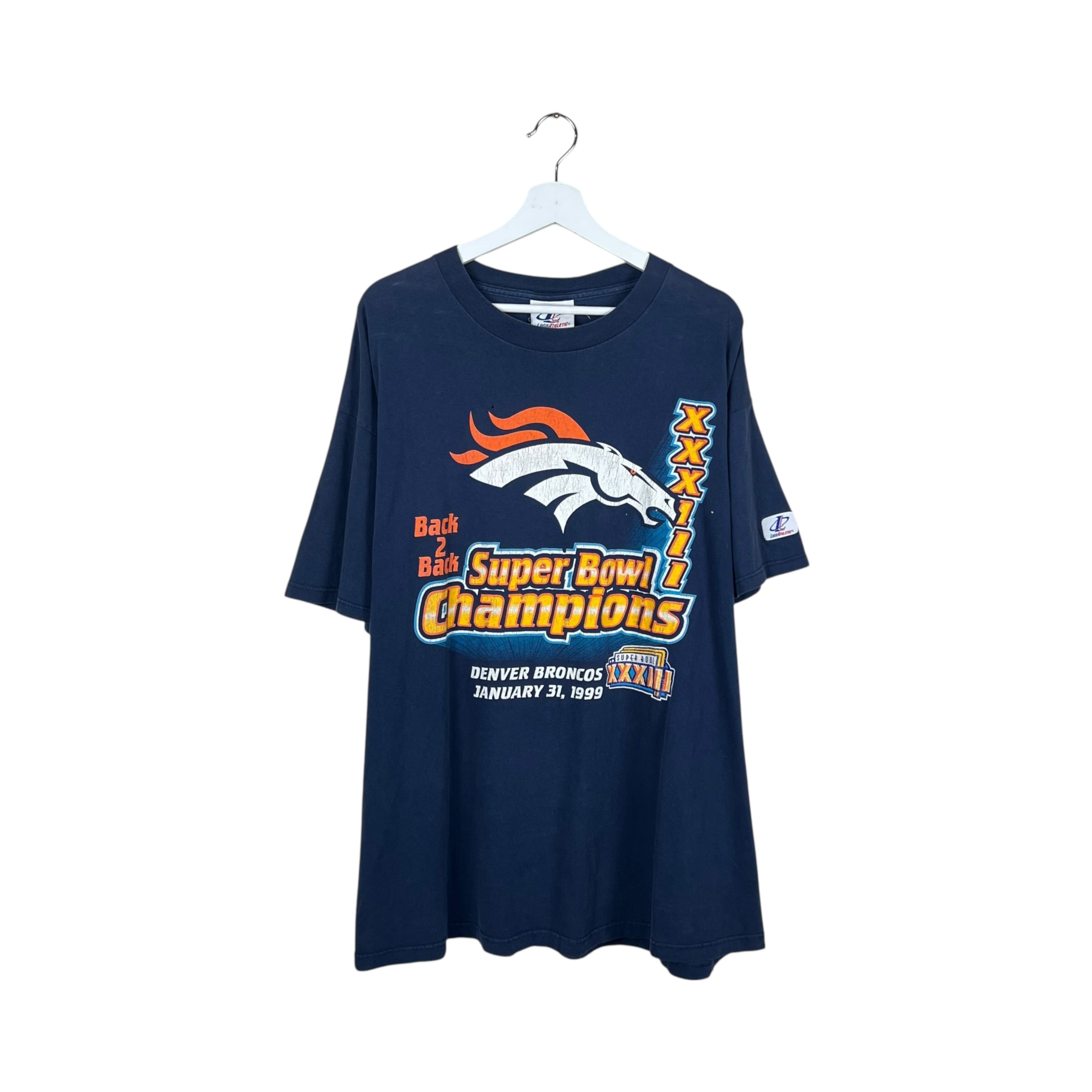 1999 Logo Athletic NFL Denver Broncos “Back 2 Back Super Bowl Champions” Tee Navy