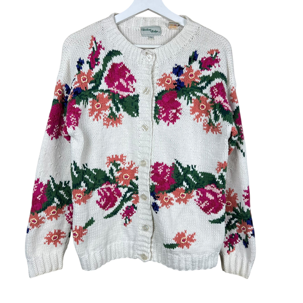 Vintage Willow Ridge Women’s Floral Handknit Cardigan Cream