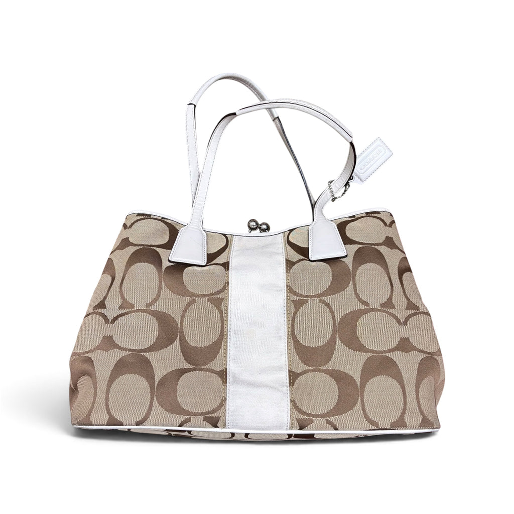 Vintage Coach Signature Kiss Lock Tote Bag Tan
